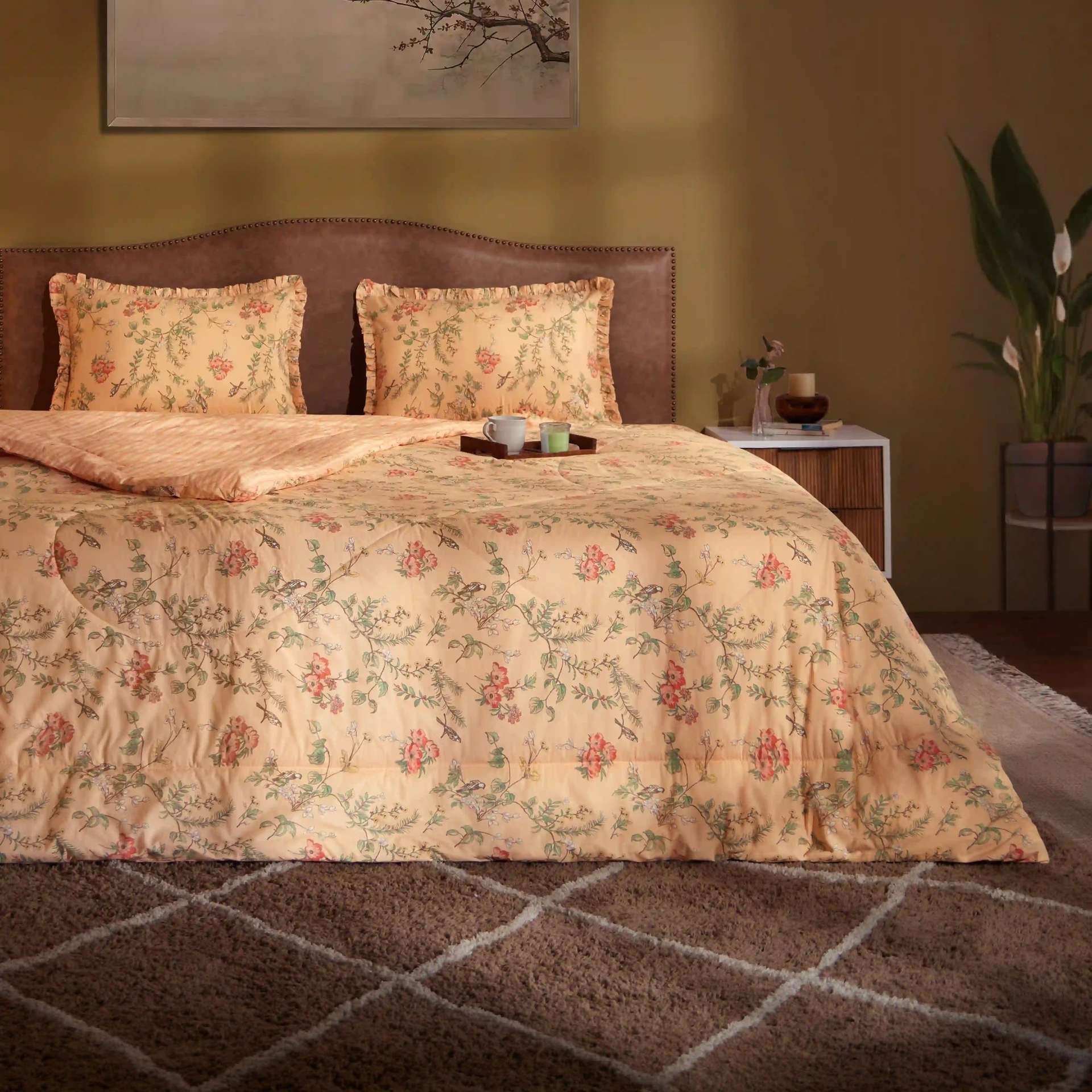 Floral 120 GSM 100% Cotton Peach Double Comforter | Bloomshire Luxe