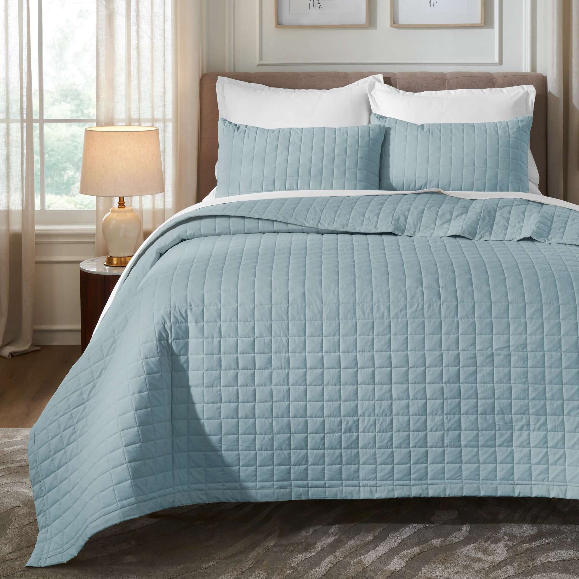 Box Quilted Solid 200 TC 100% Cotton Percale French Blue King Bed Cover Set | Nuvola