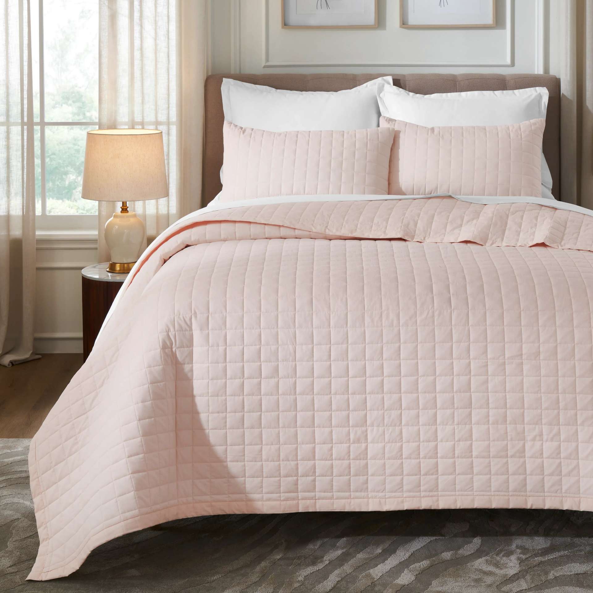 Box Quilted Solid 200 TC 100% Cotton Percale Sepia Rose King Bed Cover Set | Nuvola