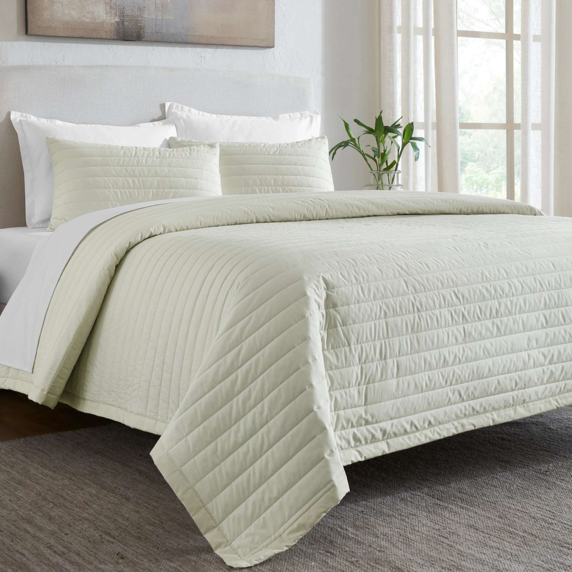 Straight Quilted Solid 200 TC 100% Cotton Percale Ivory King Bed Cover Set | Nuvola