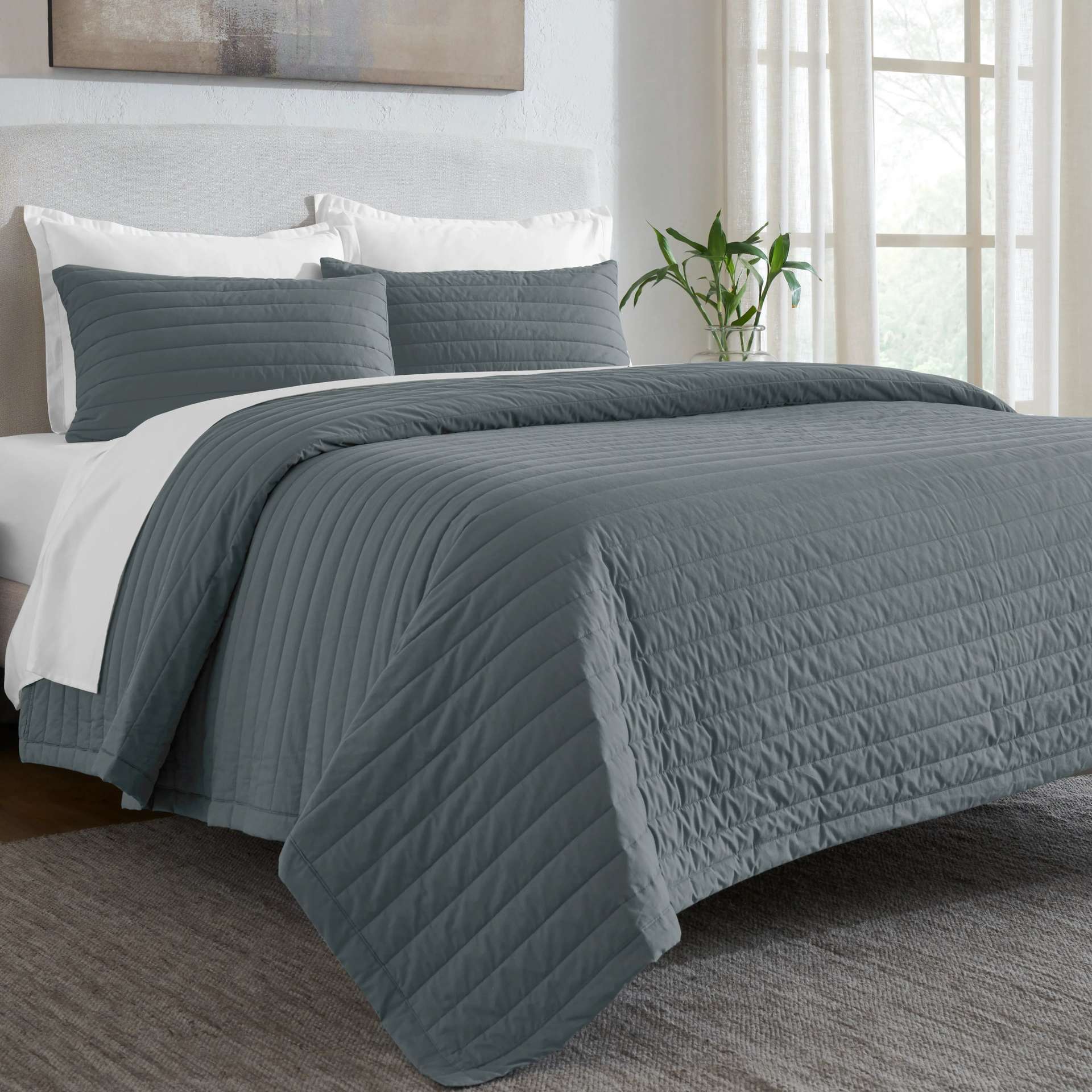 Straight Quilted Solid 200 TC 100% Cotton Percale Charcoal King Bed Cover Set | Nuvola