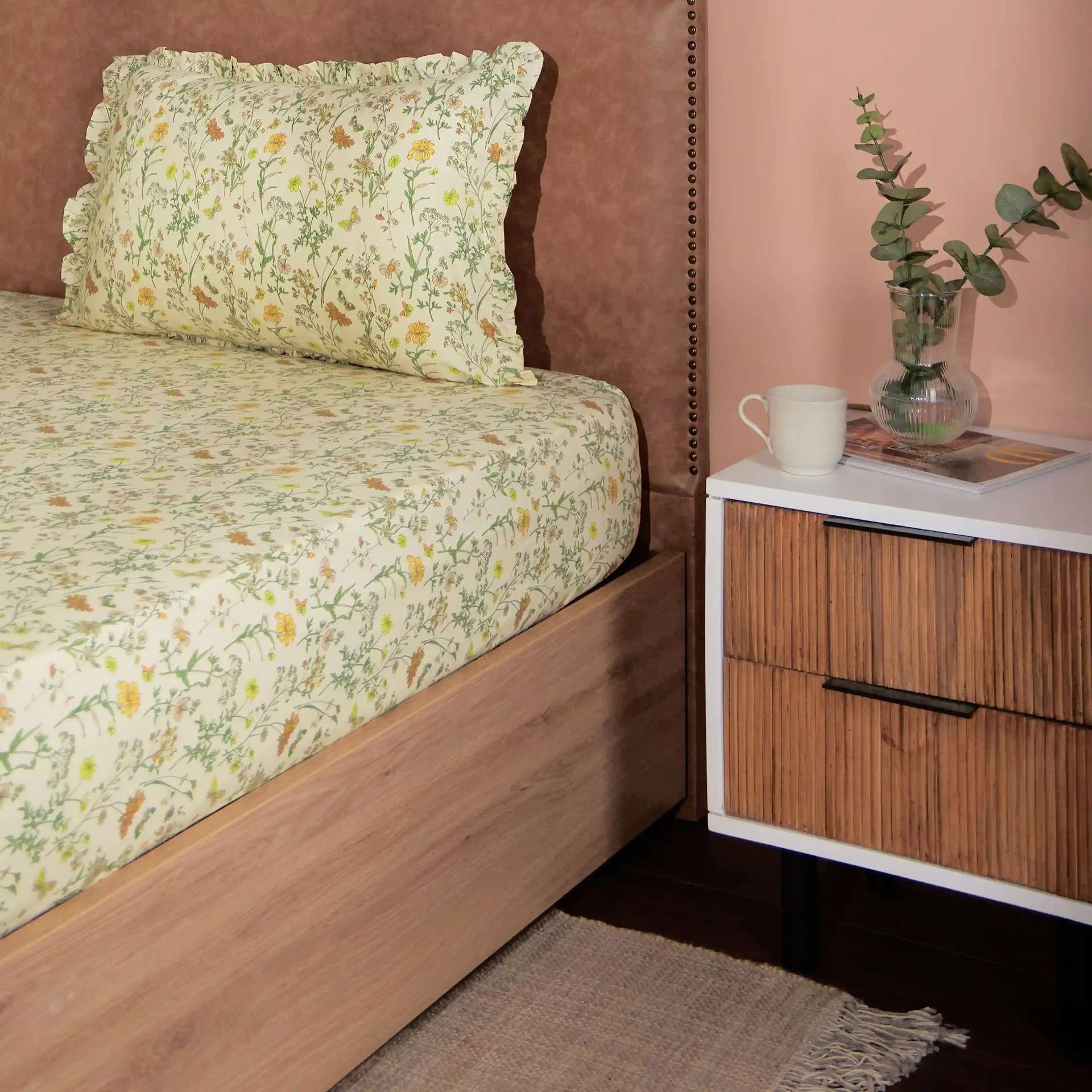 Floral 200 TC Cotton Mustard Double Bedsheet Set | Bloomshire Luxe