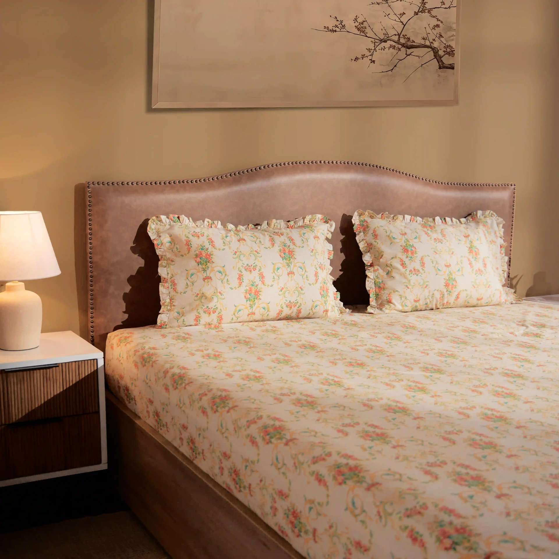 Floral 200 TC 100% Cotton Multicolour King Fitted Sheet Set | Bloomshire Luxe
