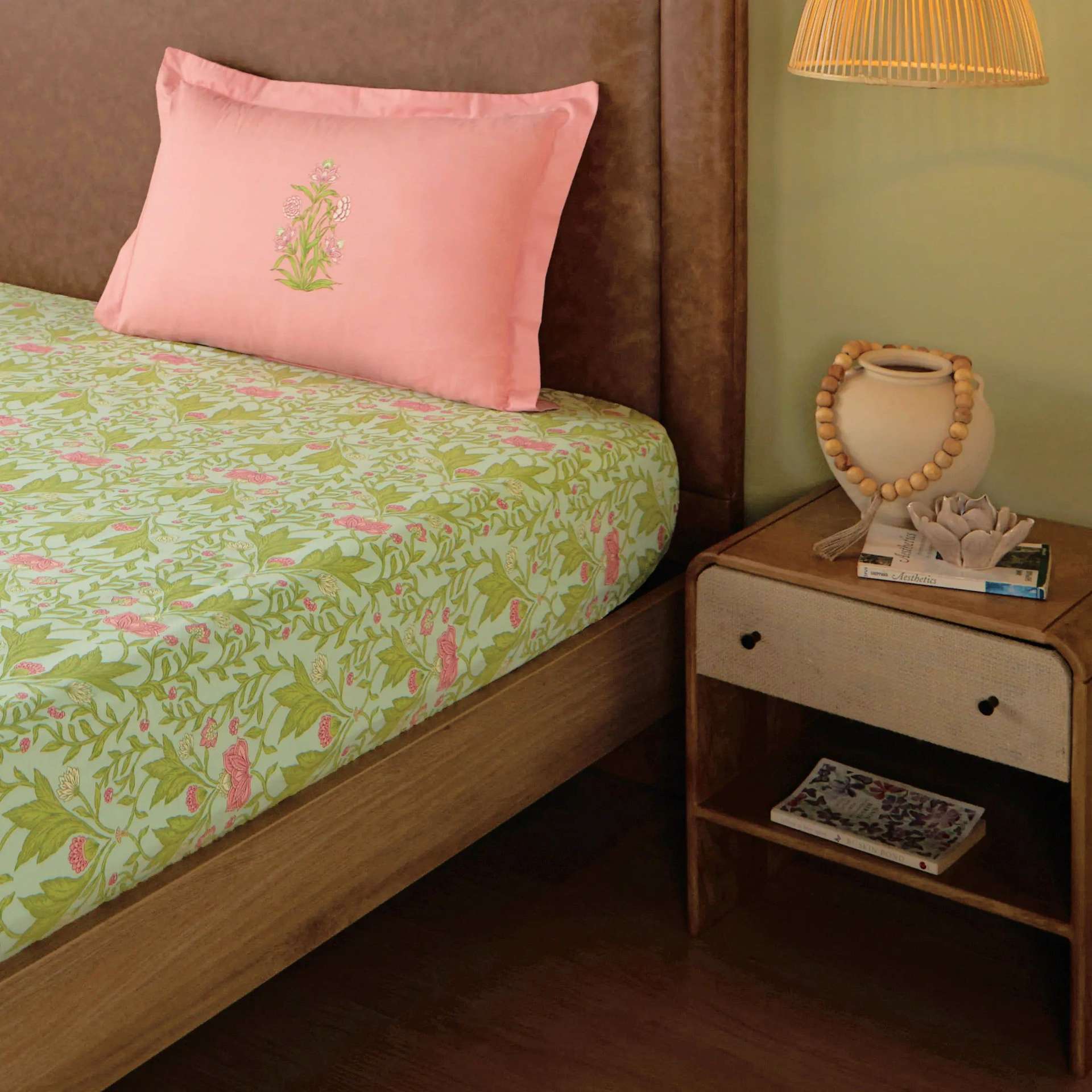 Indian Heritage 144 TC 100% Cotton Sage Mint Single Bedsheet Set | Chippa Lane