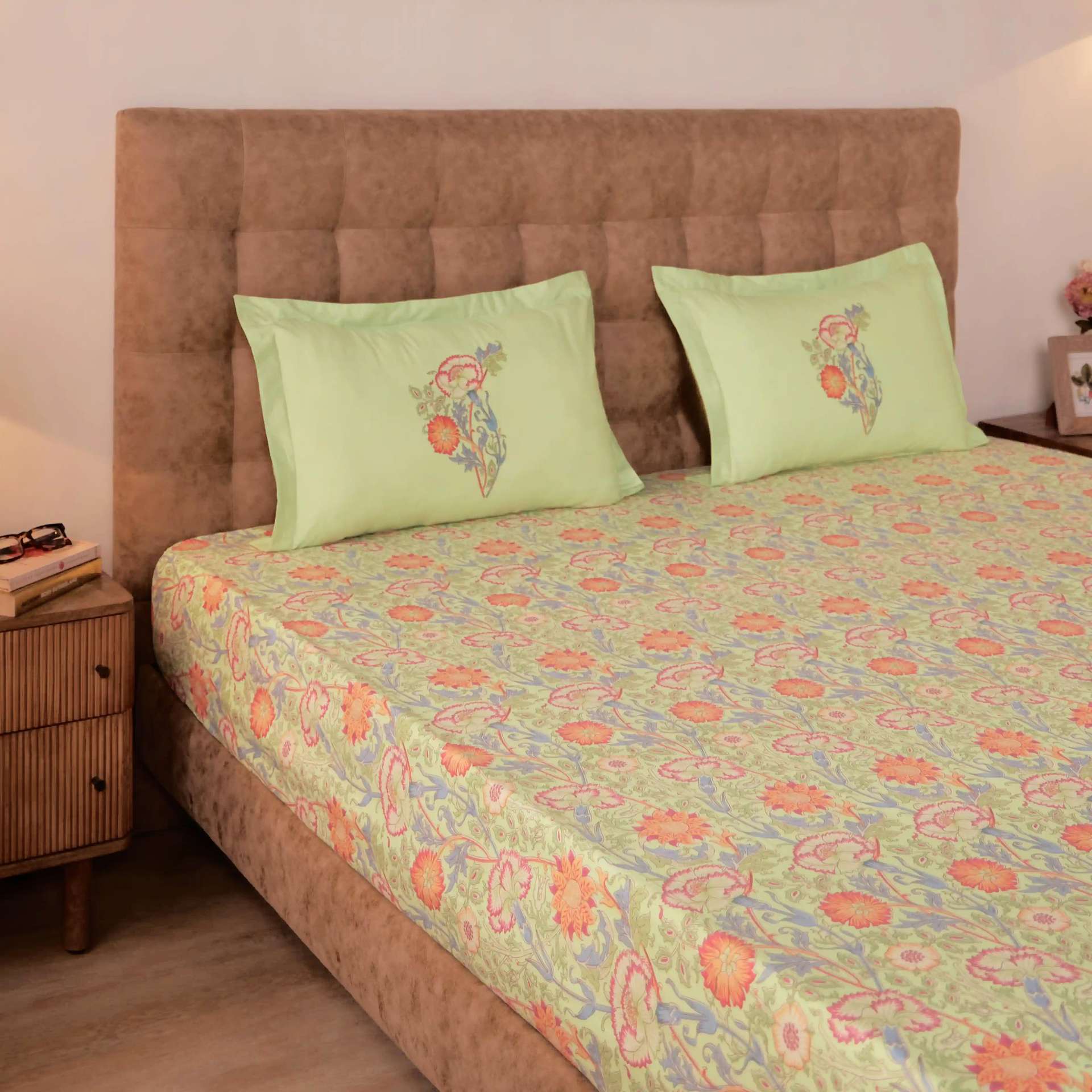 Indian Heritage 144 TC 100% Cotton Green Queen Fitted Sheet Set | Chippa Lane