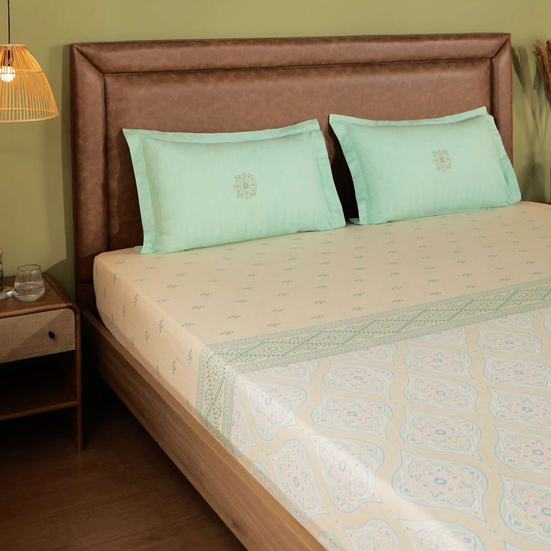 Indian Heritage 144 TC 100% Cotton Sage King Fitted Sheet Set | Chippa Lane
