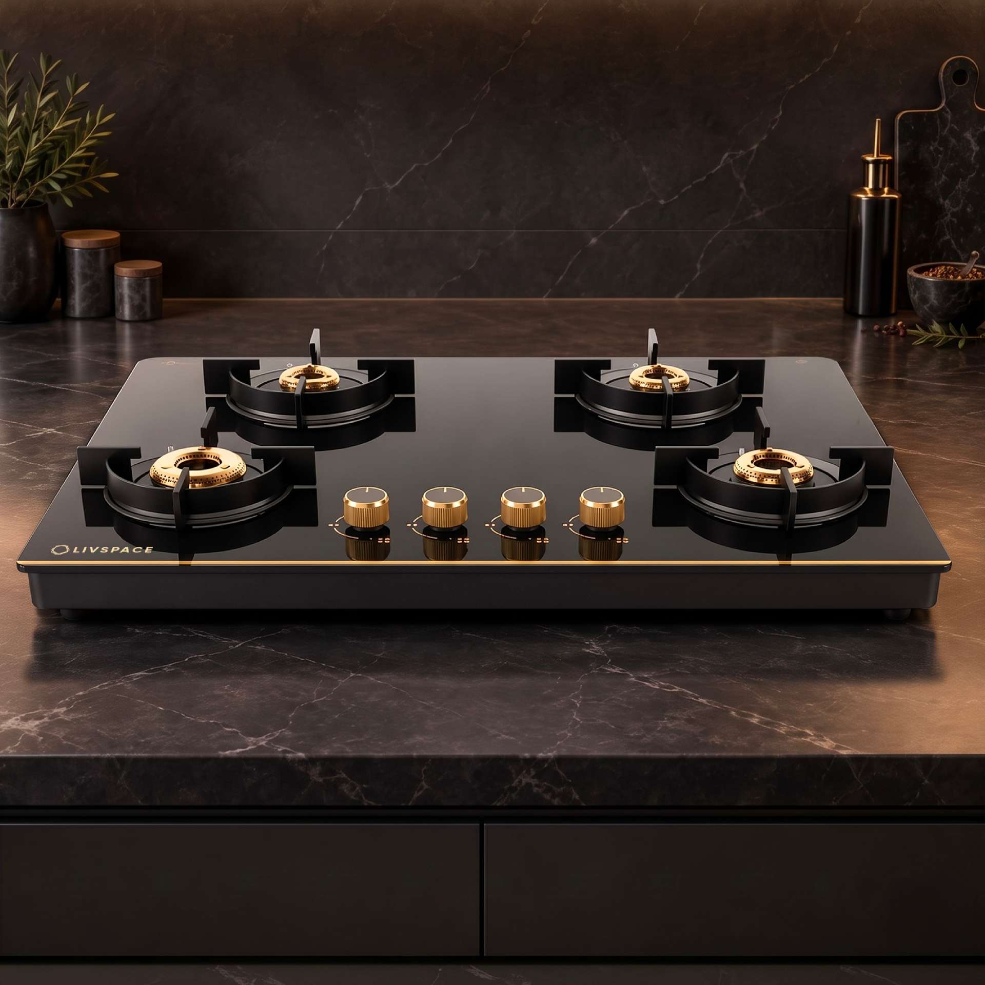 Intellia 4-burner Brass Cooktop | Premium Glasstop, Gold Themed Knobs | Auto Ignition - 75 cm