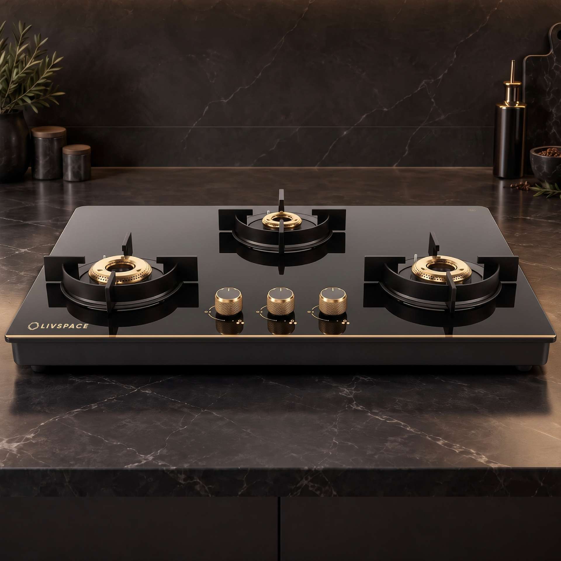 Intellia 3-burner Brass Cooktop | Premium Glasstop, Gold Themed Knobs | Auto Ignition - 77 cm