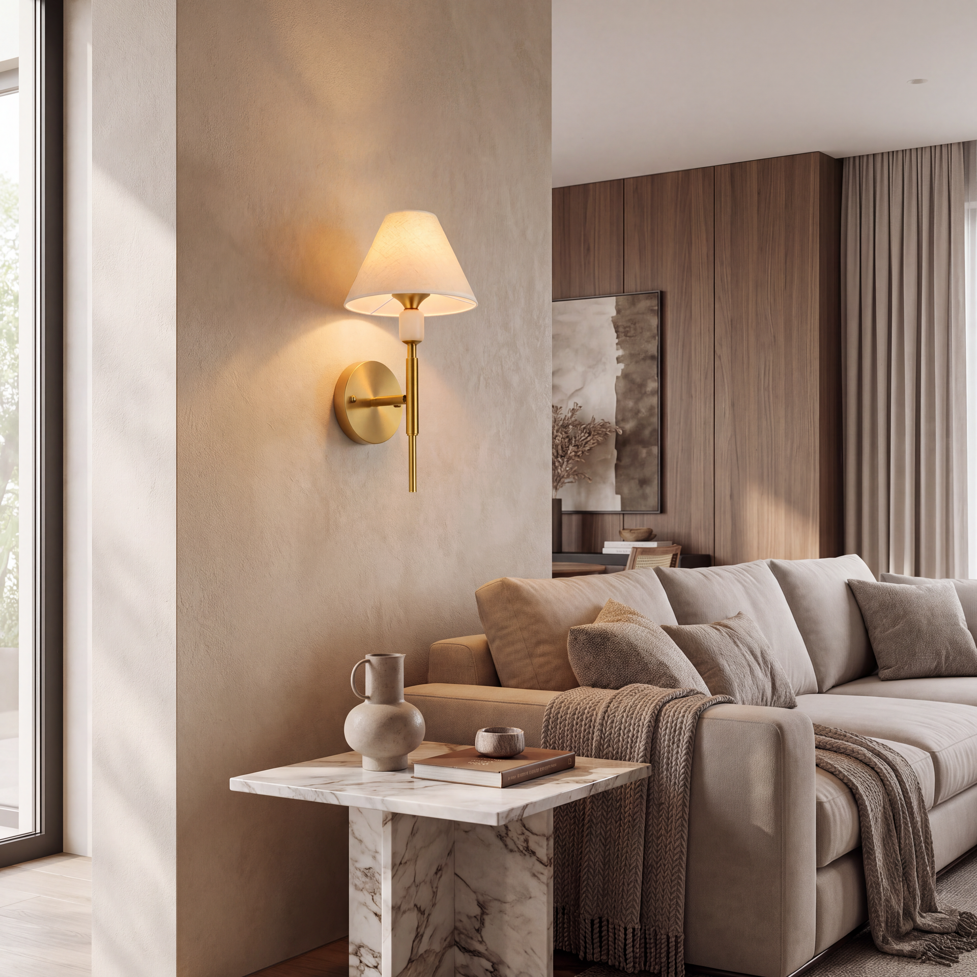 Livspace Grace Wall Light | White + Brass