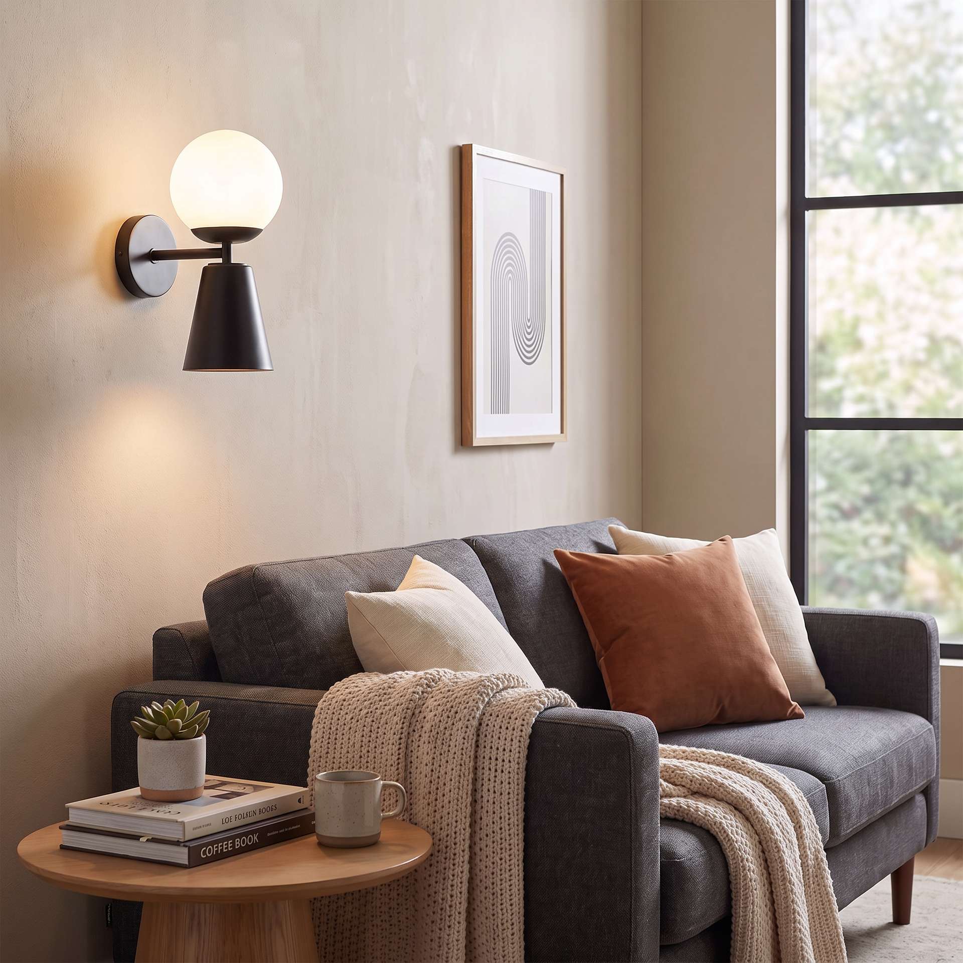 Livspace Mid Century Globe Black Wall Light | Matt Black