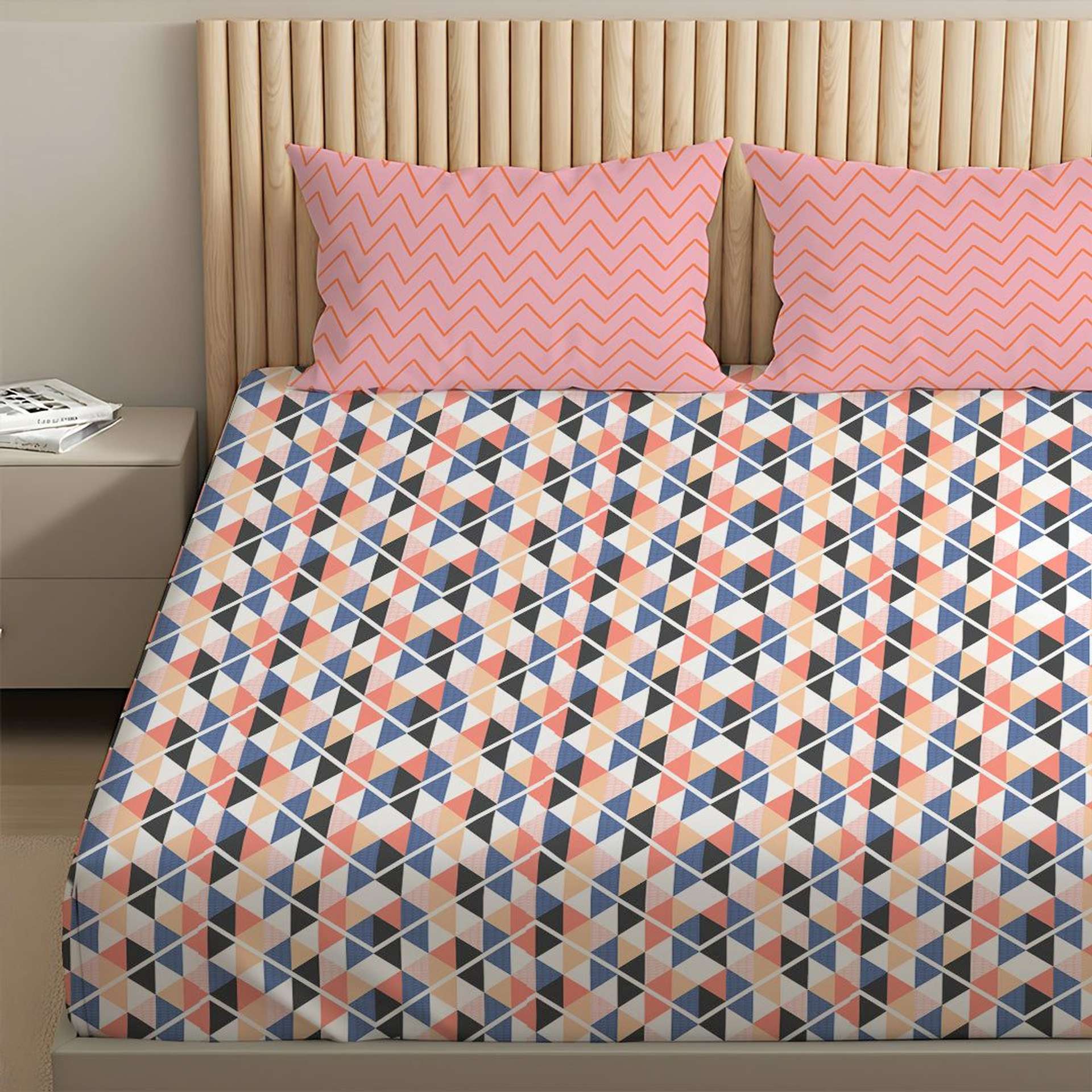 Geometric 144 TC 100% Cotton Pink Blue King Bedsheet Set | Pure Nest