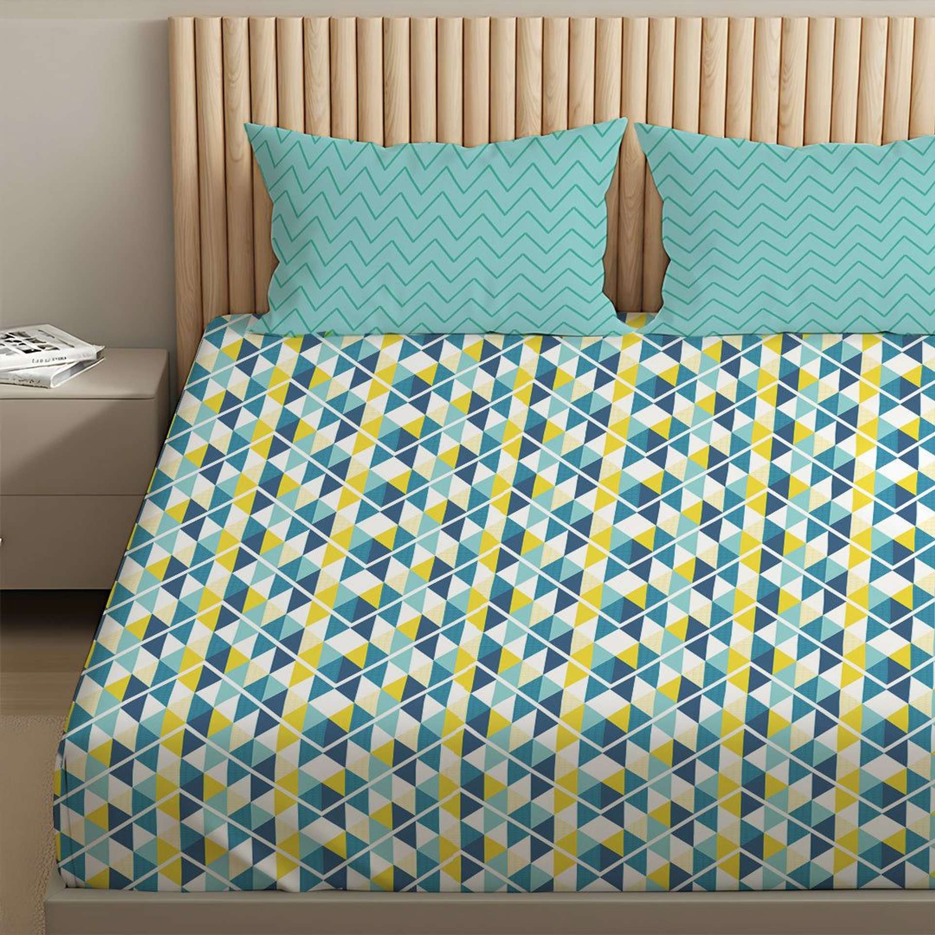 Geometric 144 TC 100% Cotton Tasello Teal King Bedsheet Set | Pure Nest