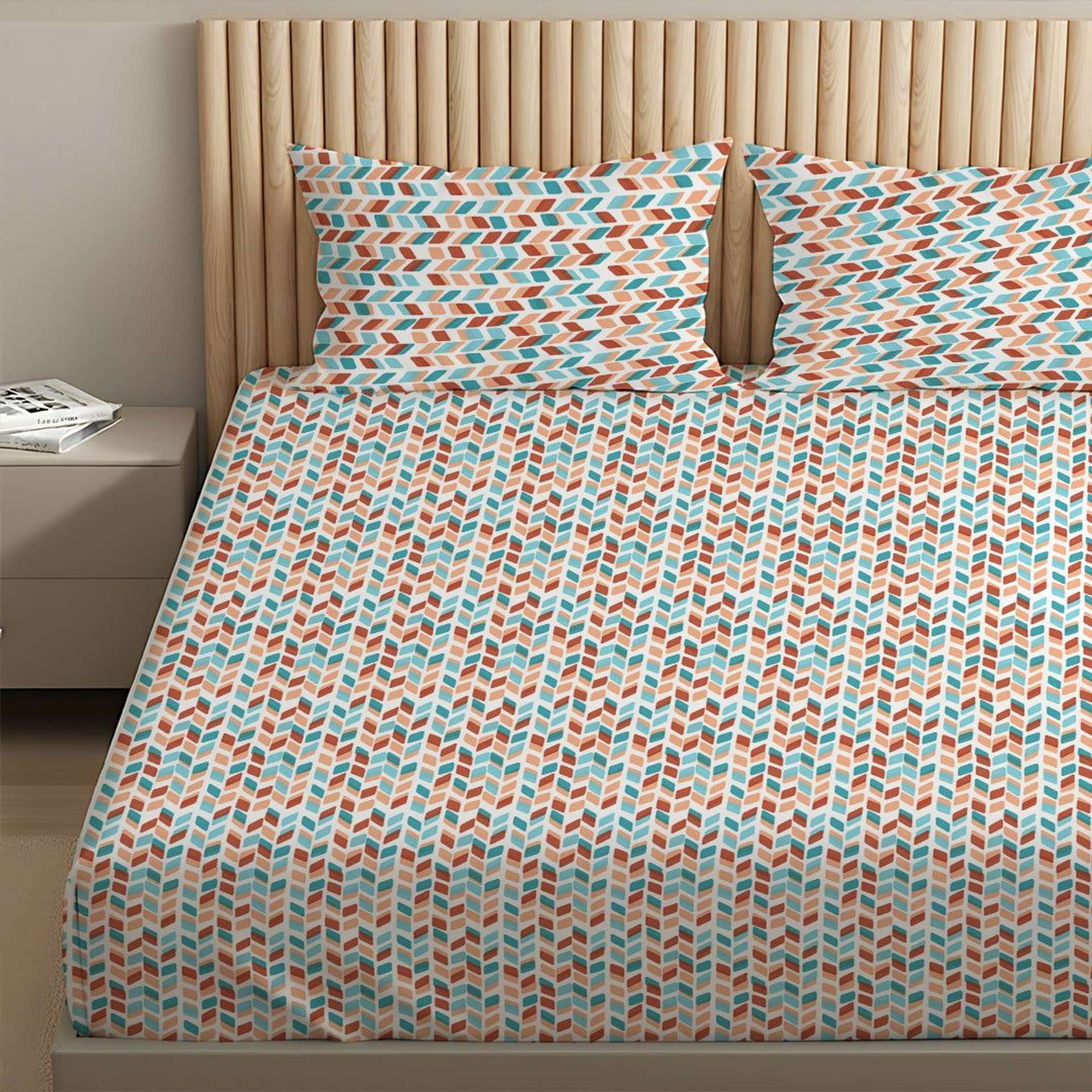Geometric 144 TC 100% Cotton Blue Rust King Bedsheet Set | Pure Nest