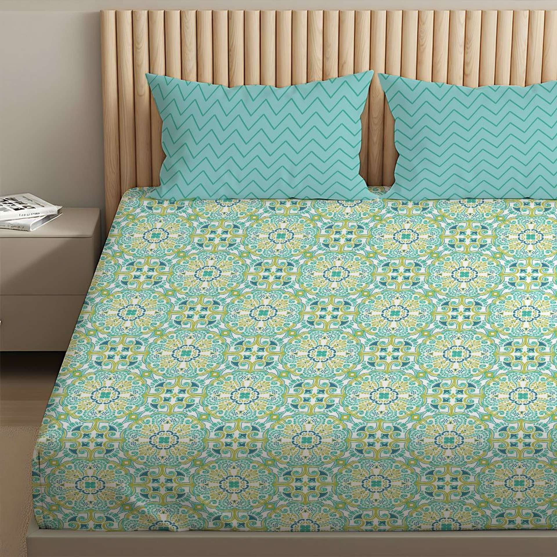 Ethnic 144 TC 100% Cotton Teal Queen Fitted Sheet Set | Pure Nest