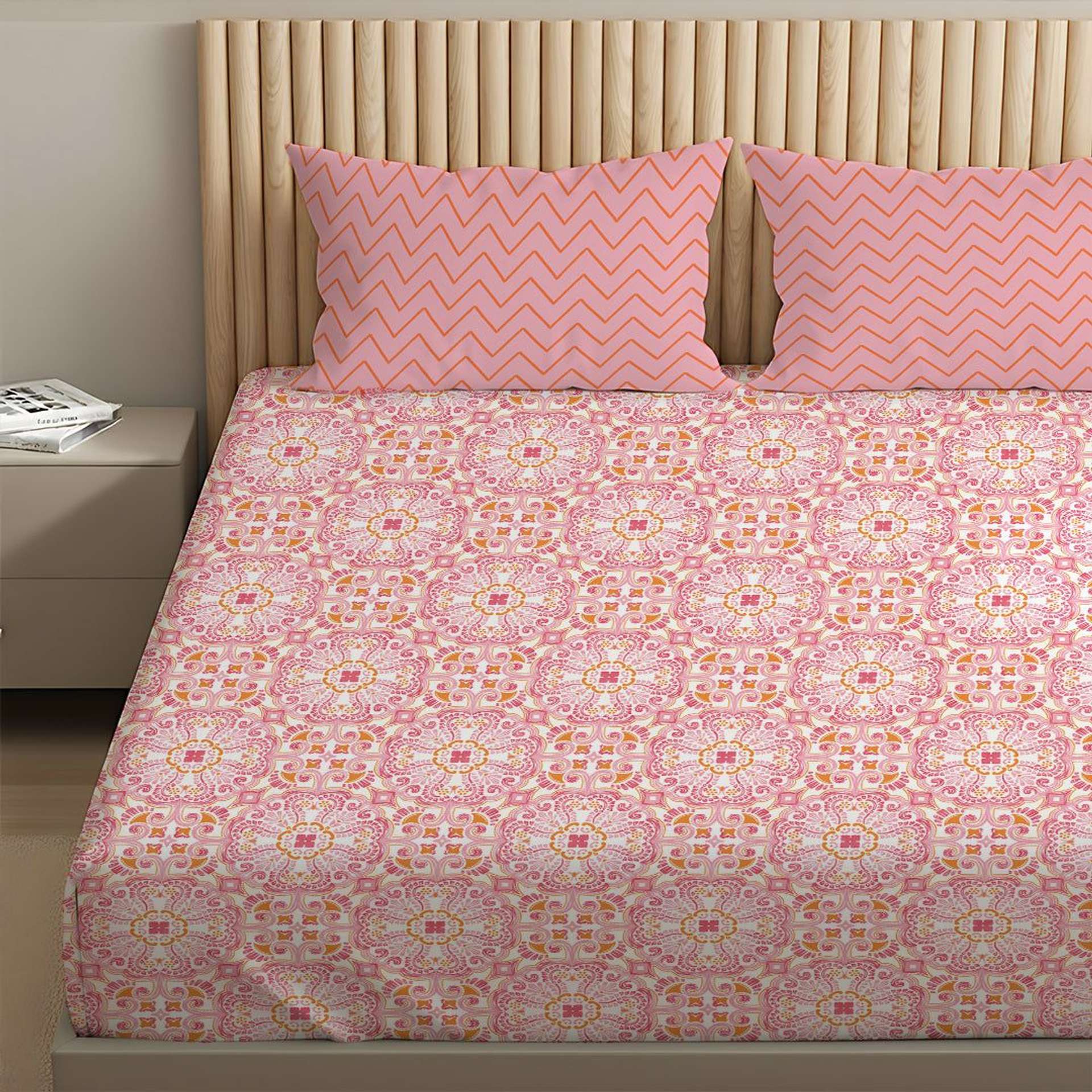 Ethnic 144 TC 100% Cotton Pink Queen Fitted Sheet Set | Pure Nest