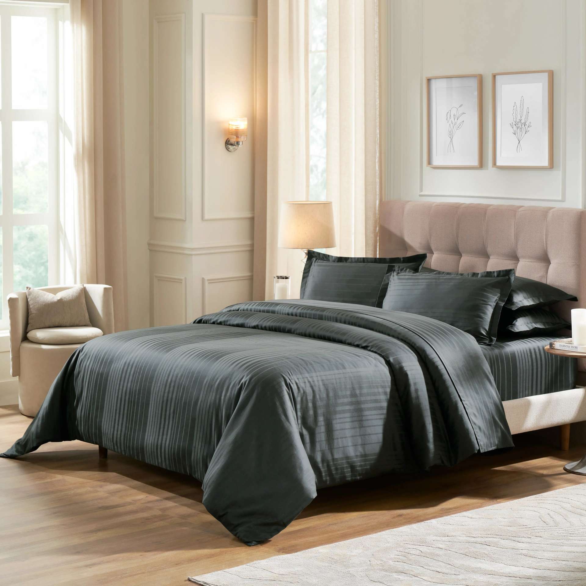 Solid Dyed 400 TC 100% Cotton Dark Grey Super King Bedsheet Set | Seraya