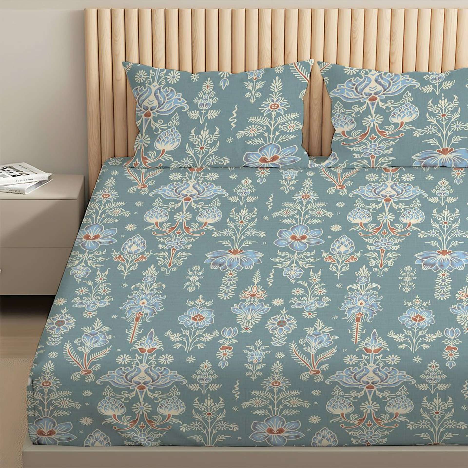 Indian Heritage 120 GSM Microfibre Blue Queen Bedsheet Set | Serene Nest