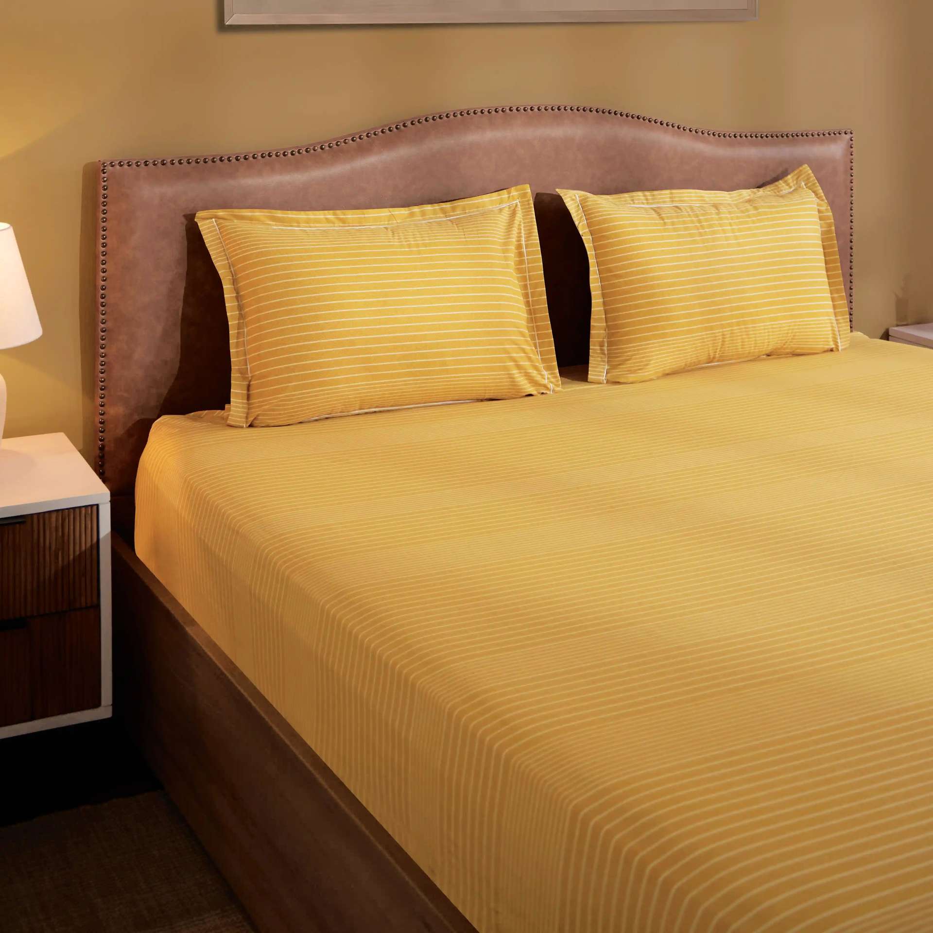 Geometric 200 TC Cotton Mustard King Fitted Sheet Set | Threadscapes