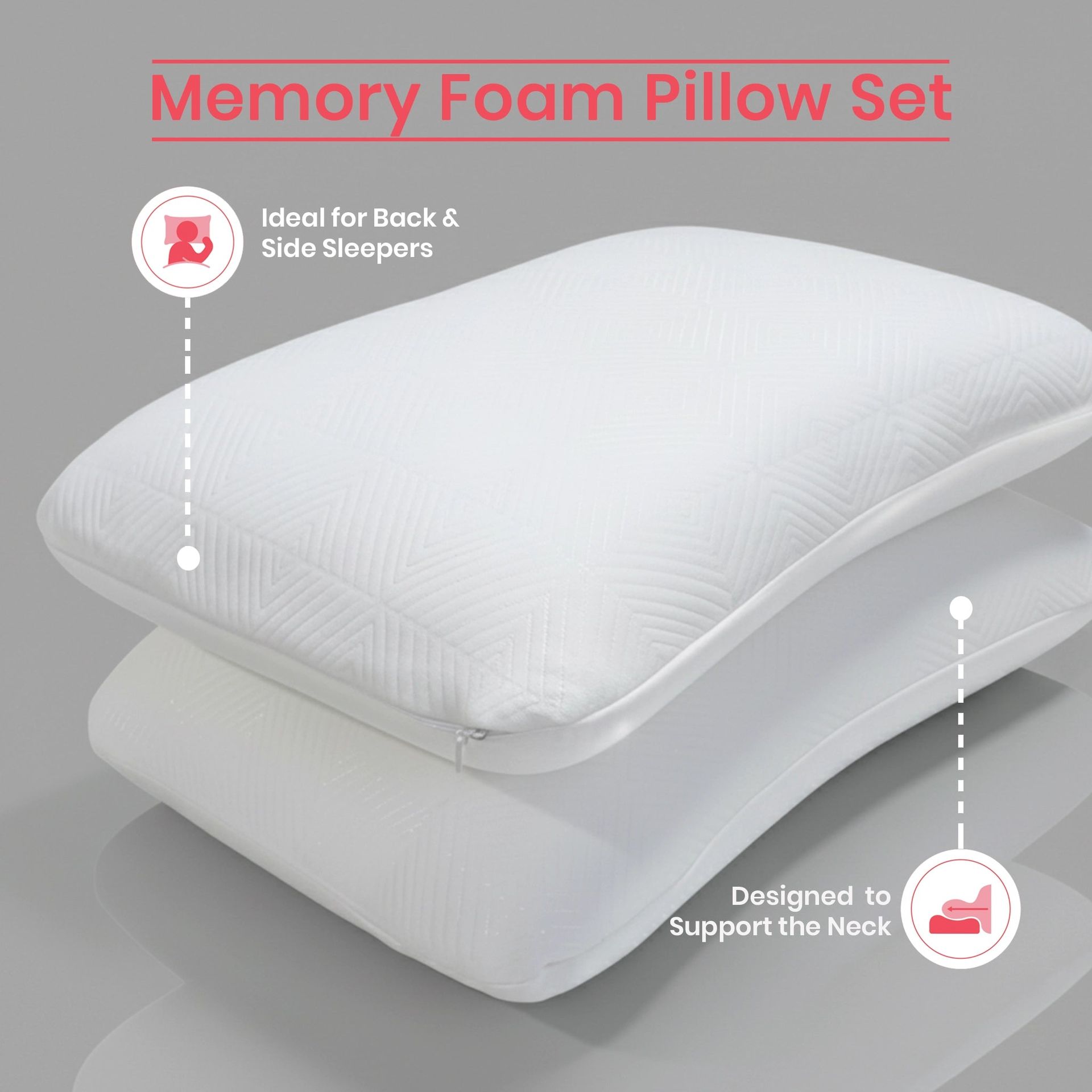 Solid White Set of 2 Memory Foam Pillow | Flexi Haven
