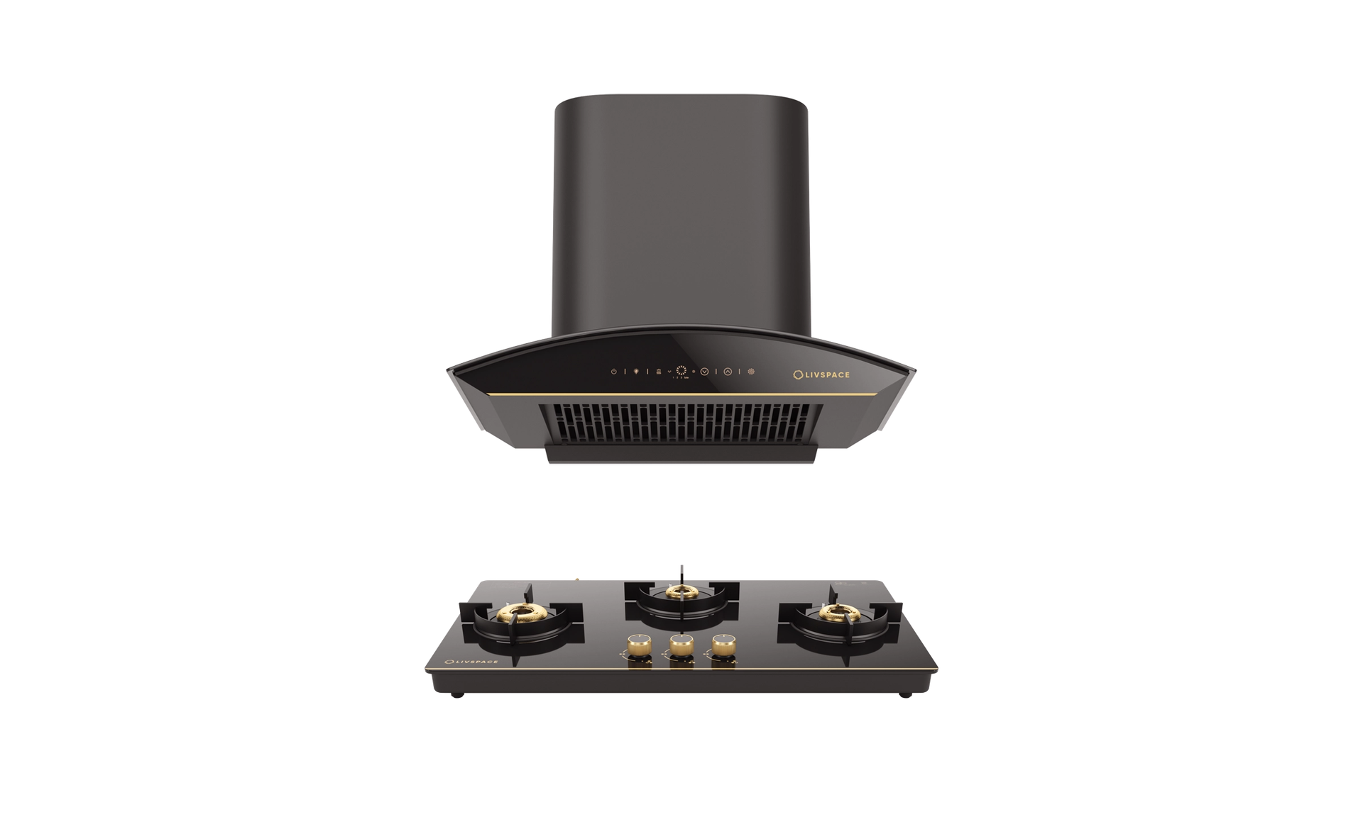 Intellia Auto Clean BLDC Ducted 1600 m3/h 600 mm Curved Chimney & Intellia Gloss Auto Ignition 770 mm 3 Brass Burner Cooktop | Intellia CHC60 & CTG3B77