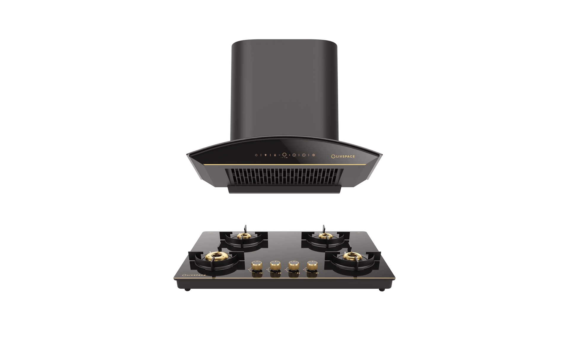 Intellia Auto Clean BLDC Ducted 1600 m3/h 600 mm Curved Chimney & Intellia Gloss Auto Ignition 750 mm 4 Brass Burner Cooktop | Intellia CHC60 & CTG4B75