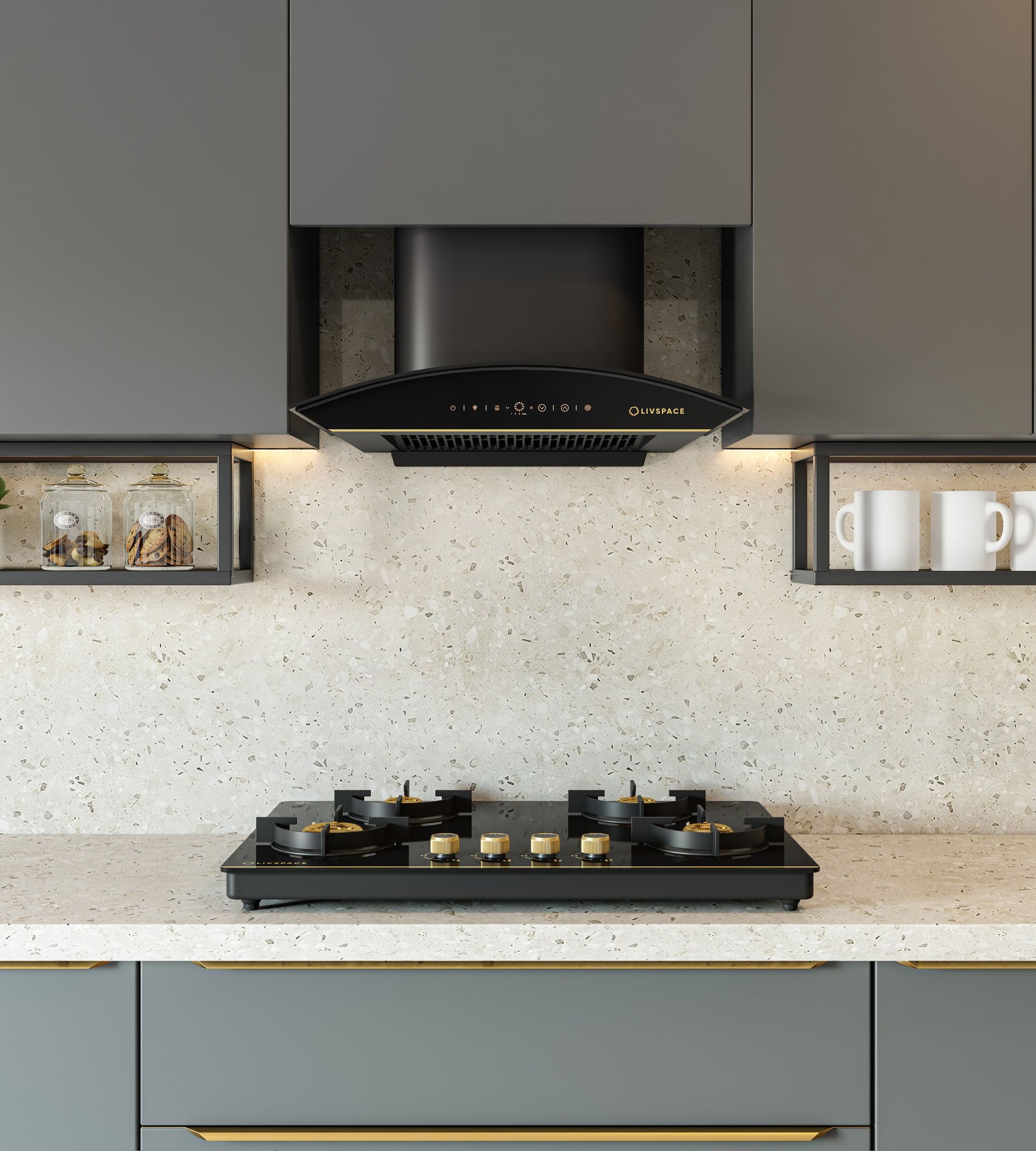 Intellia Auto Clean BLDC Ducted 1600 m3/h 600 mm Curved Chimney & Intellia Gloss Auto Ignition 750 mm 4 Brass Burner Cooktop | Intellia CHC60 & CTG4B75