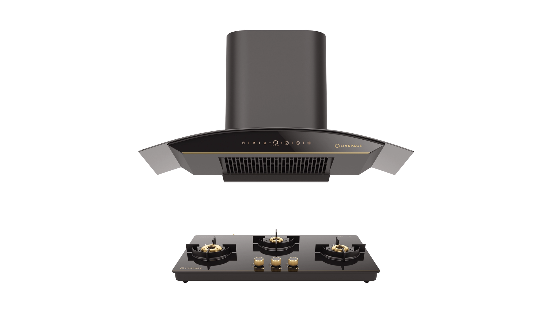 Intellia Auto Clean BLDC Ducted 1600 m3/h 900 mm Curved Chimney & Intellia Gloss Auto Ignition 770 mm 3 Brass Burner Cooktop | Intellia CHC90 & ICTG3B77