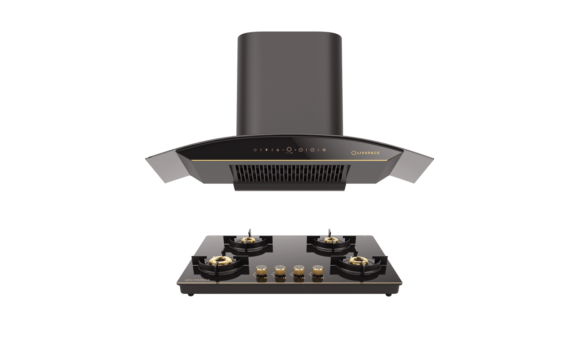 Intellia Auto Clean BLDC Ducted 1600 m3/h 900 mm Curved Chimney & Intellia Gloss Auto Ignition 750 mm 4 Brass Burner Cooktop | Intellia CHC90 & CTG4B75