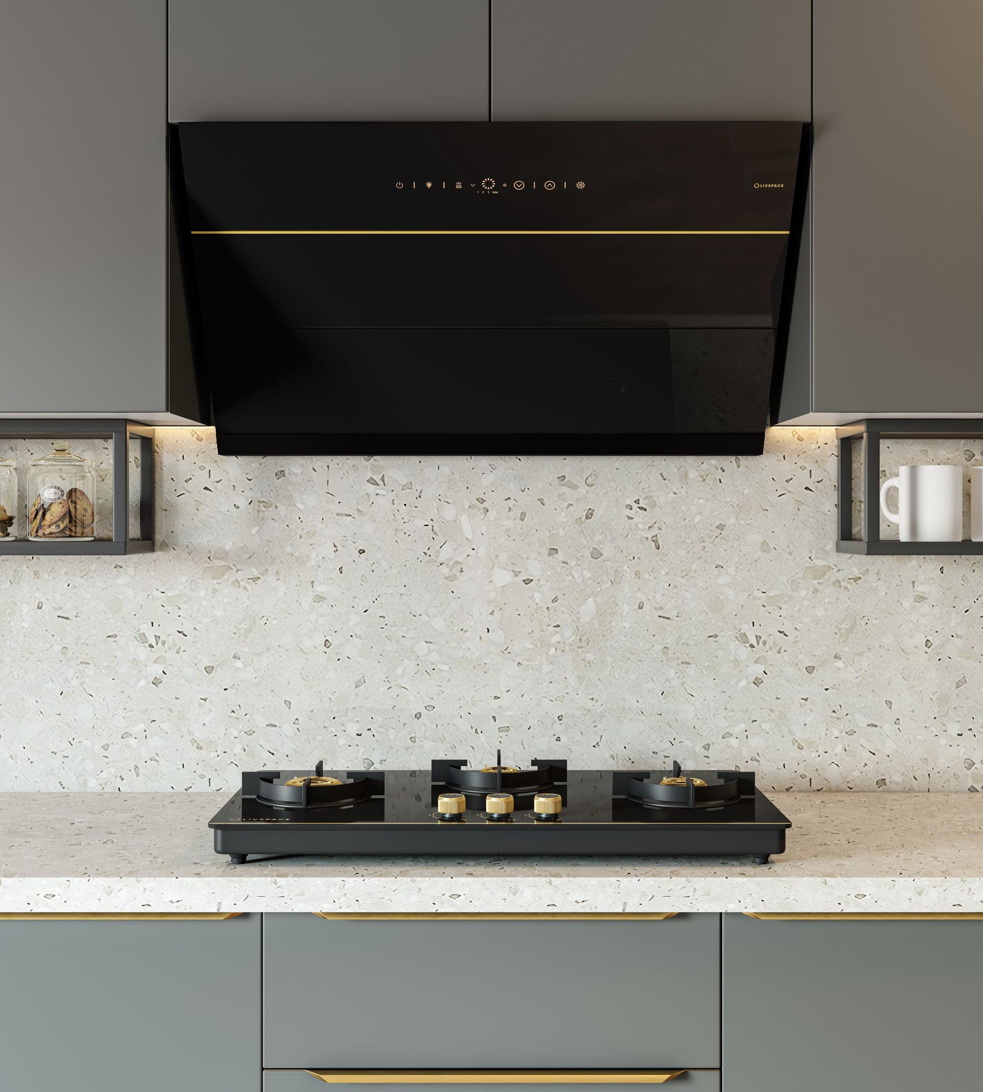 Intellia Auto Clean BLDC Ducted 1600 m3/h 900 mm Inclined Chimney & Intellia Gloss Auto Ignition 770 mm 3 Brass Burner Cooktop | Intellia CHI90 & CTG3B77