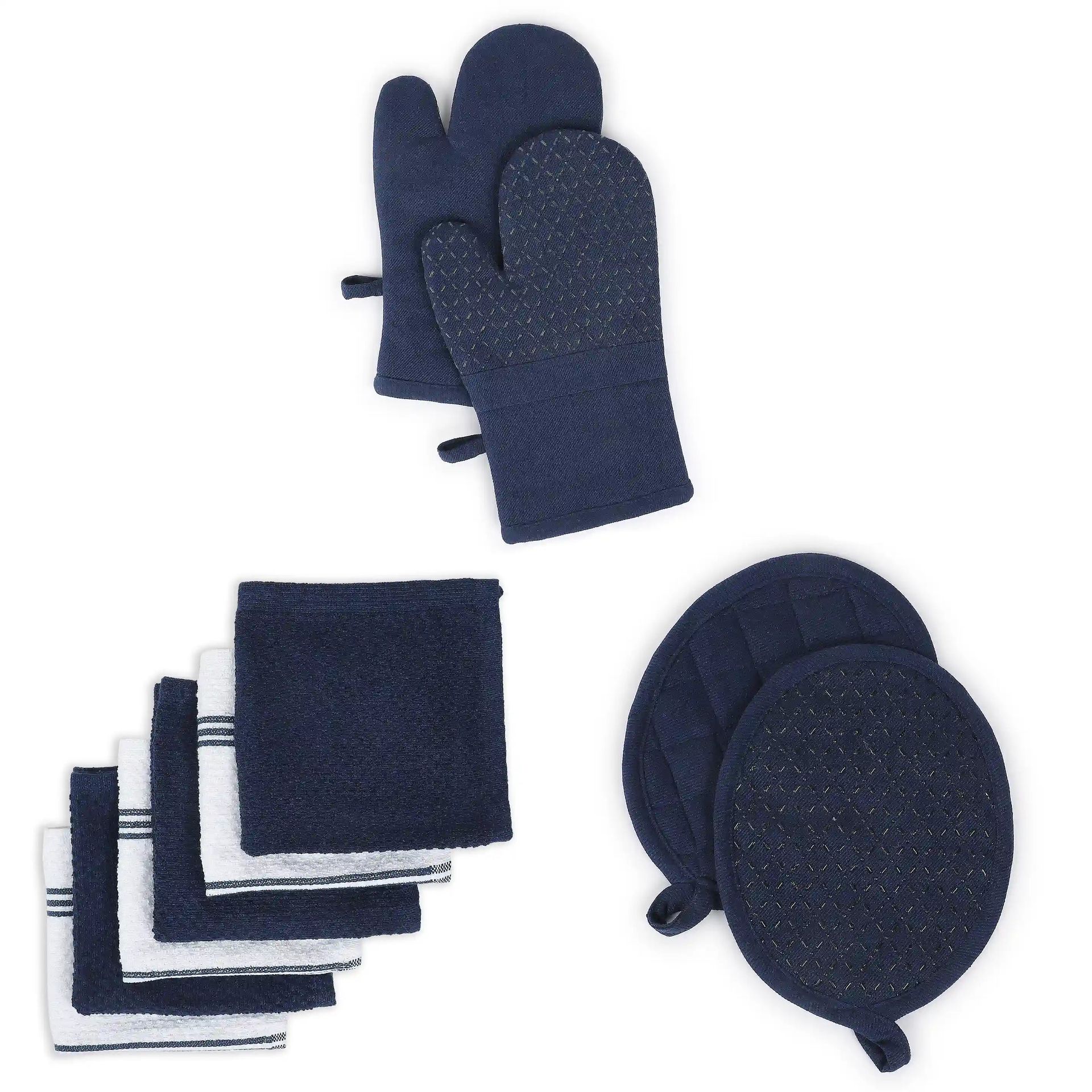 Solid Dyed Cotton Polyester blend Navy Blue 16 Piece Kitchen Linen Set | Kaleida