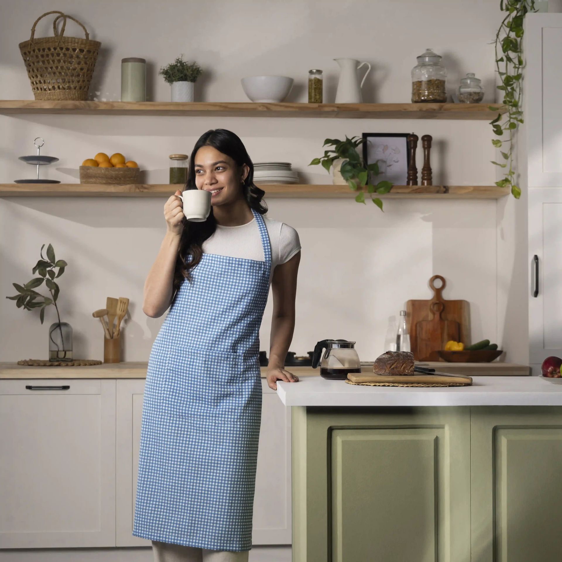 Small Gingham 100% Polyester Blue Apron | Nonna's Home