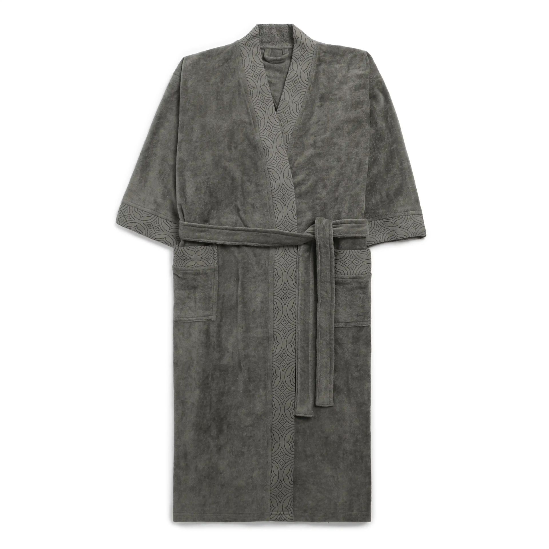 Solid Jacquard 360 GSM 100% Cotton Grey Large Bath Robe | De Jacquard