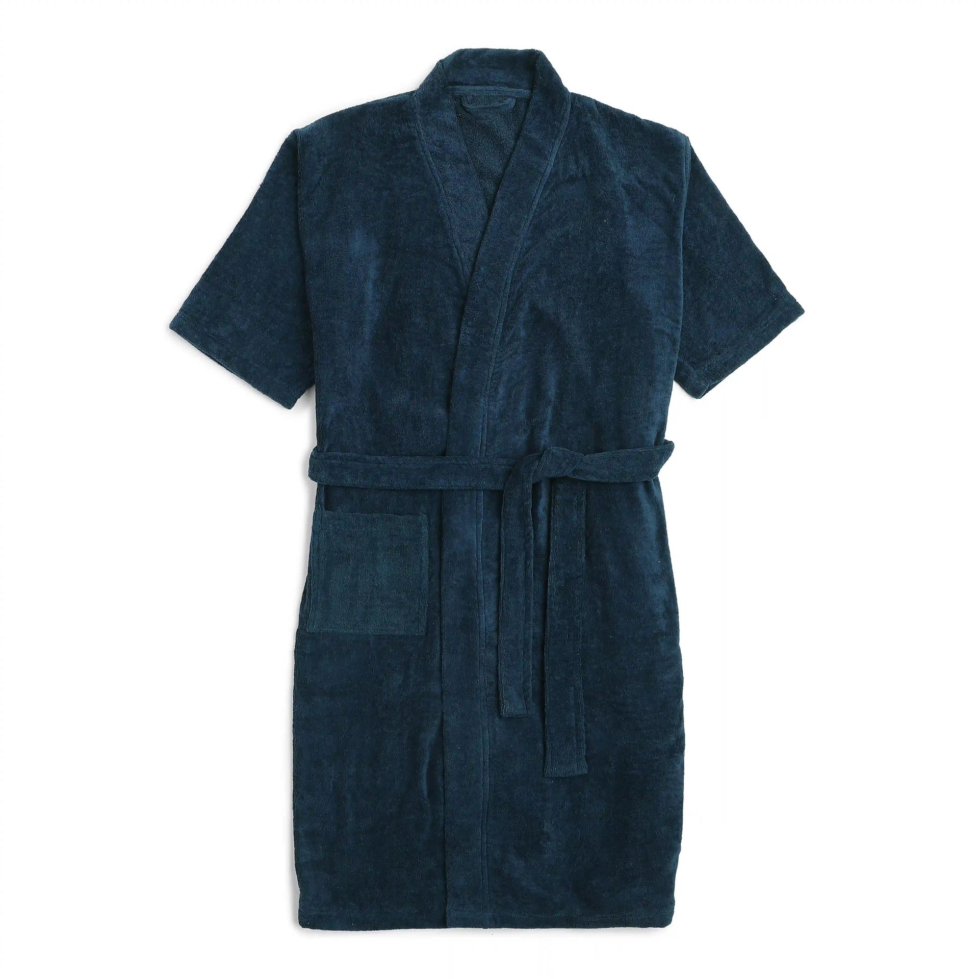 Solid Dyed 360 GSM 100% Cotton Navy Blue Medium Bath Robe | Paleto