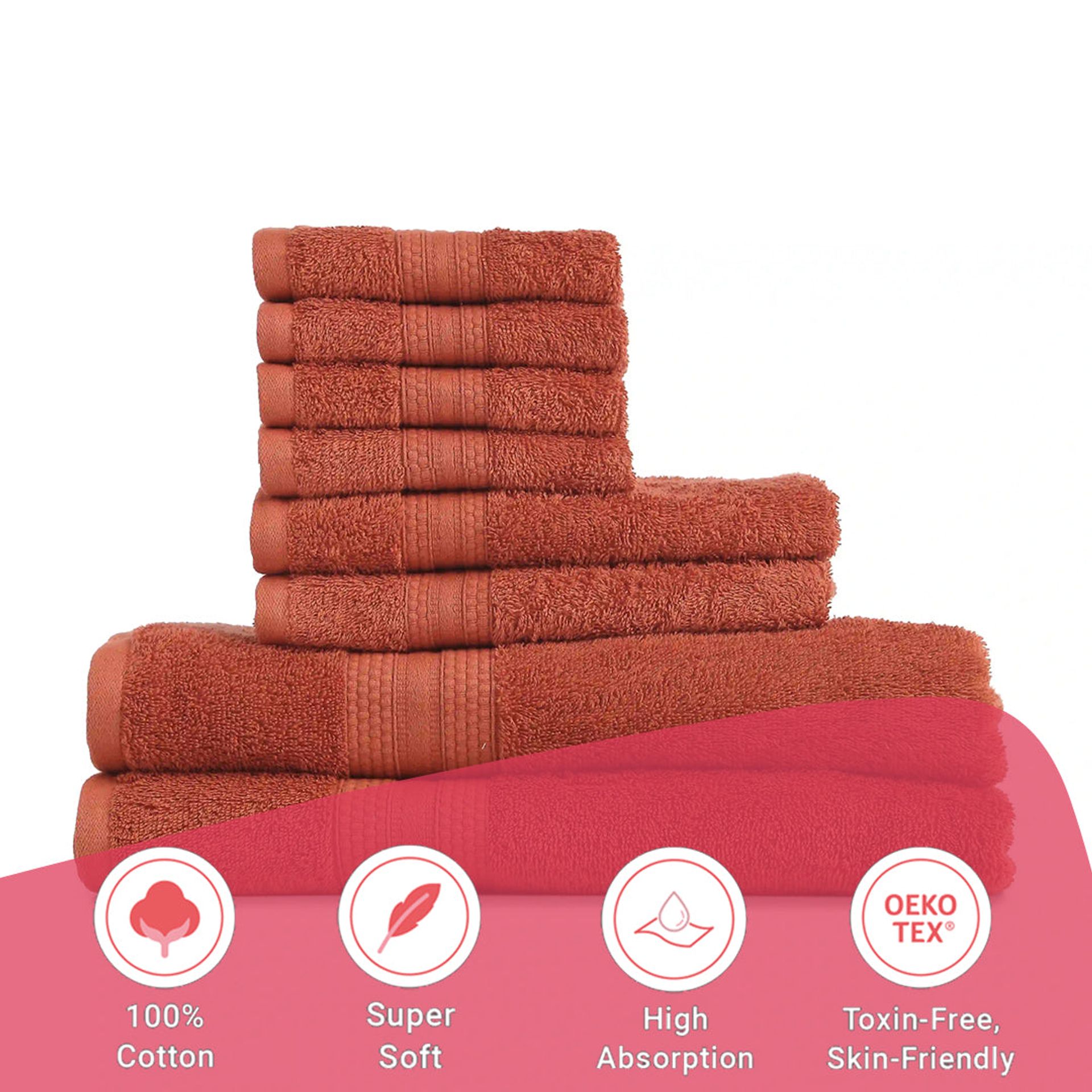 Solid Dyed 475 GSM 100% Cotton Burnt Red 8 Piece Towel Set | Paleto