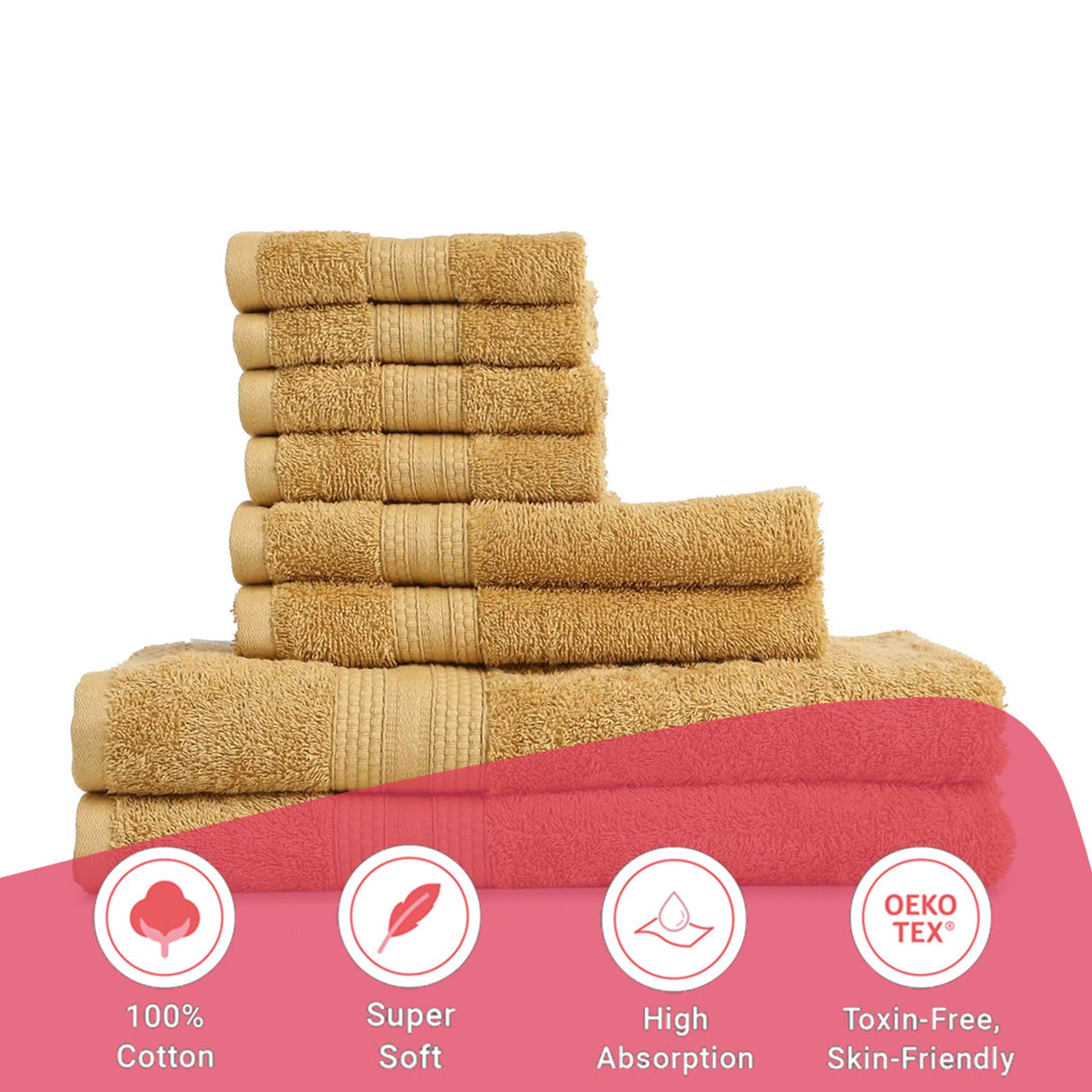 Solid Dyed 475 GSM 100% Cotton Beige 8 Piece Towel Set | Paleto