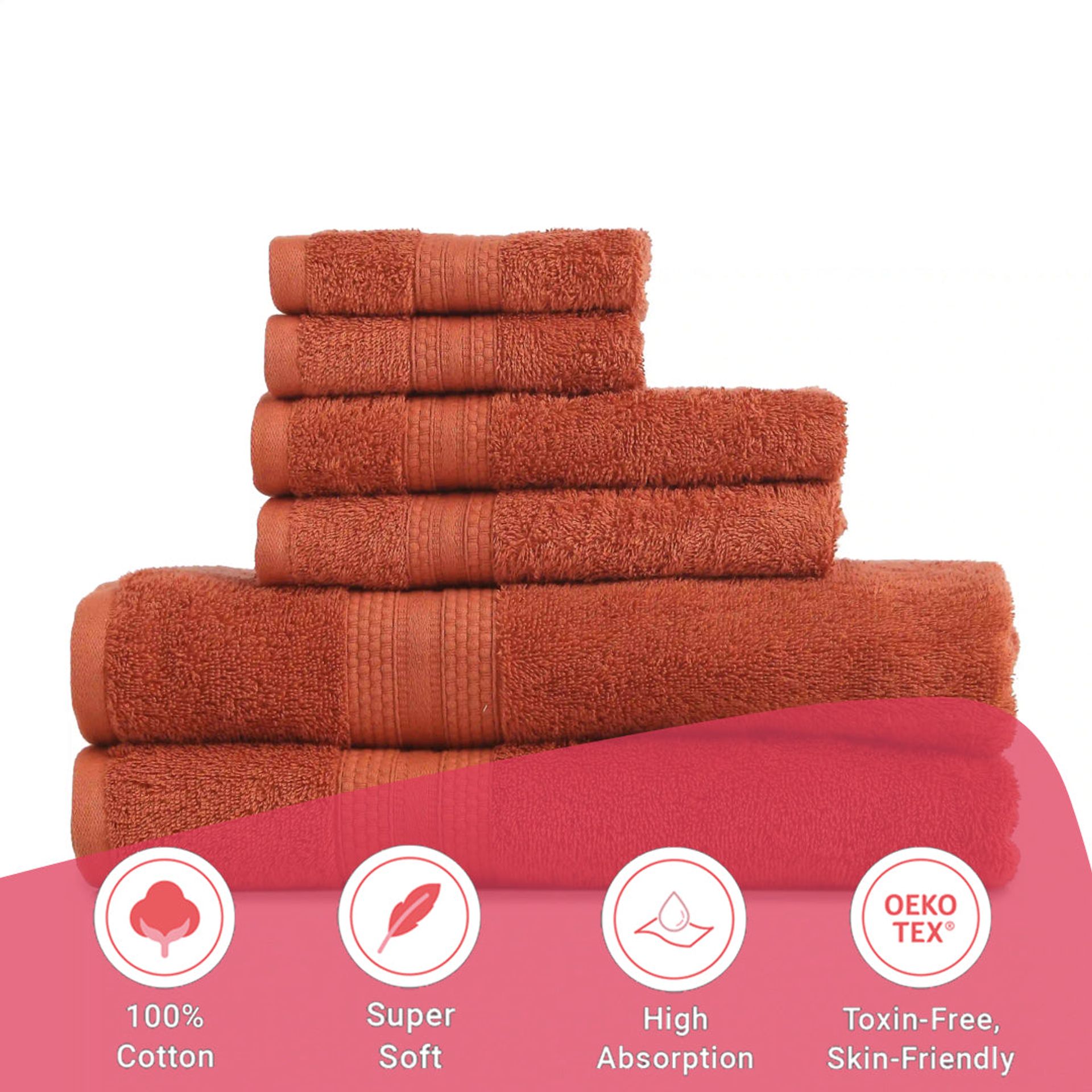 Solid Dyed 475 GSM 100% Cotton Burnt Red 6 Piece Towel Set | Paleto