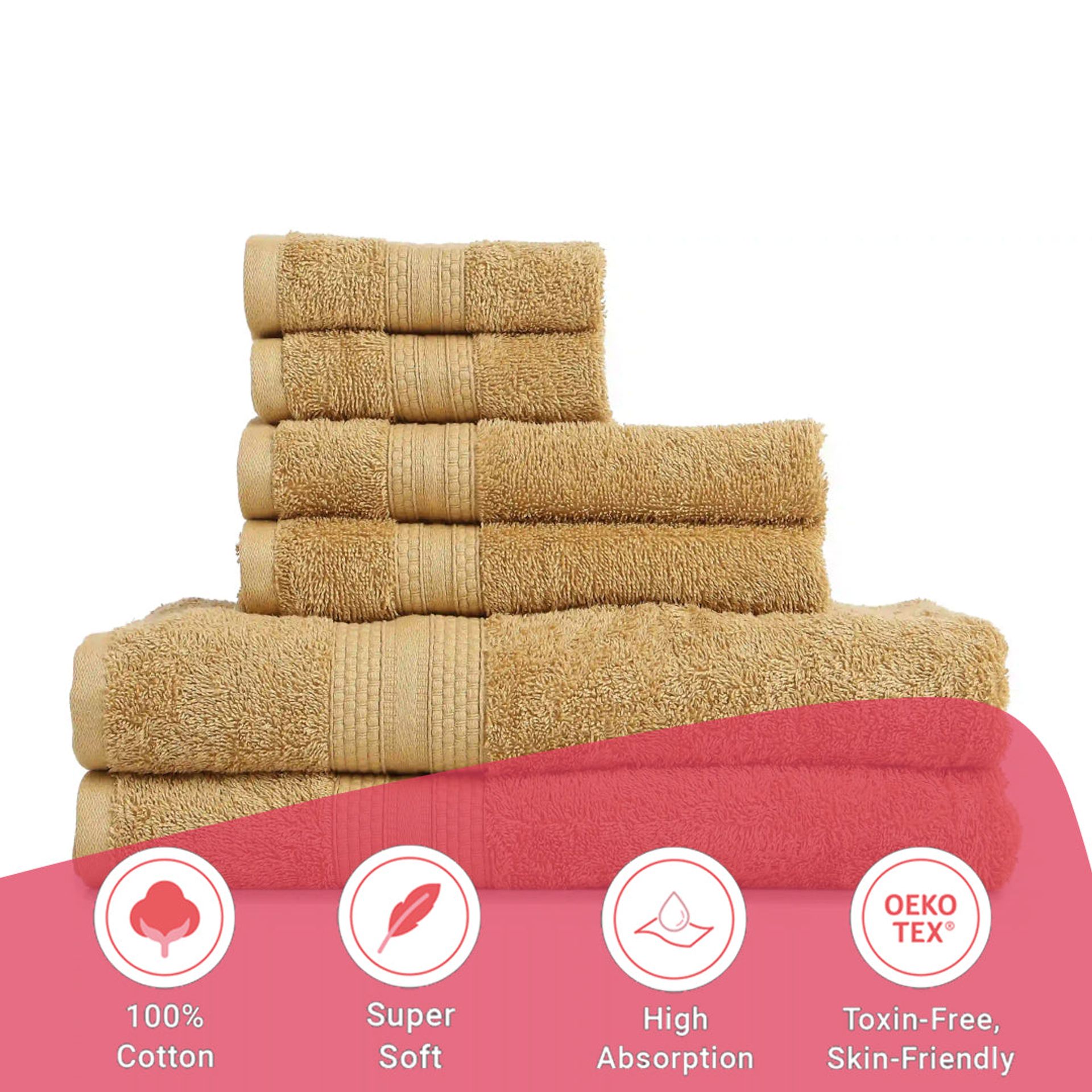 Solid Dyed 475 GSM 100% Cotton Beige 6 Piece Towel Set | Paleto