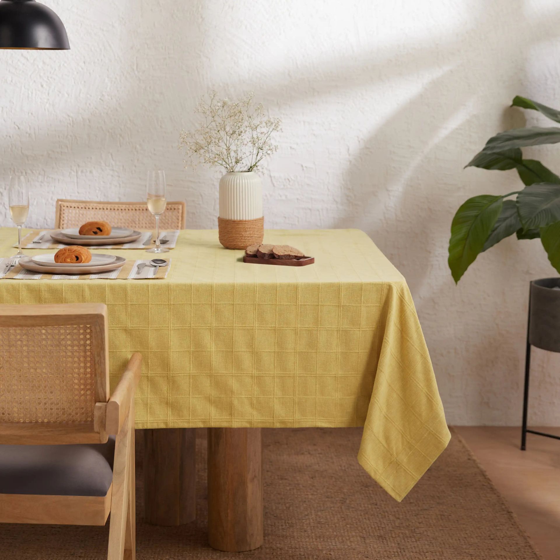 Solid Dyed 355 GSM 50% Cotton Yellow 4 Seater Table Cloth | Kaleida