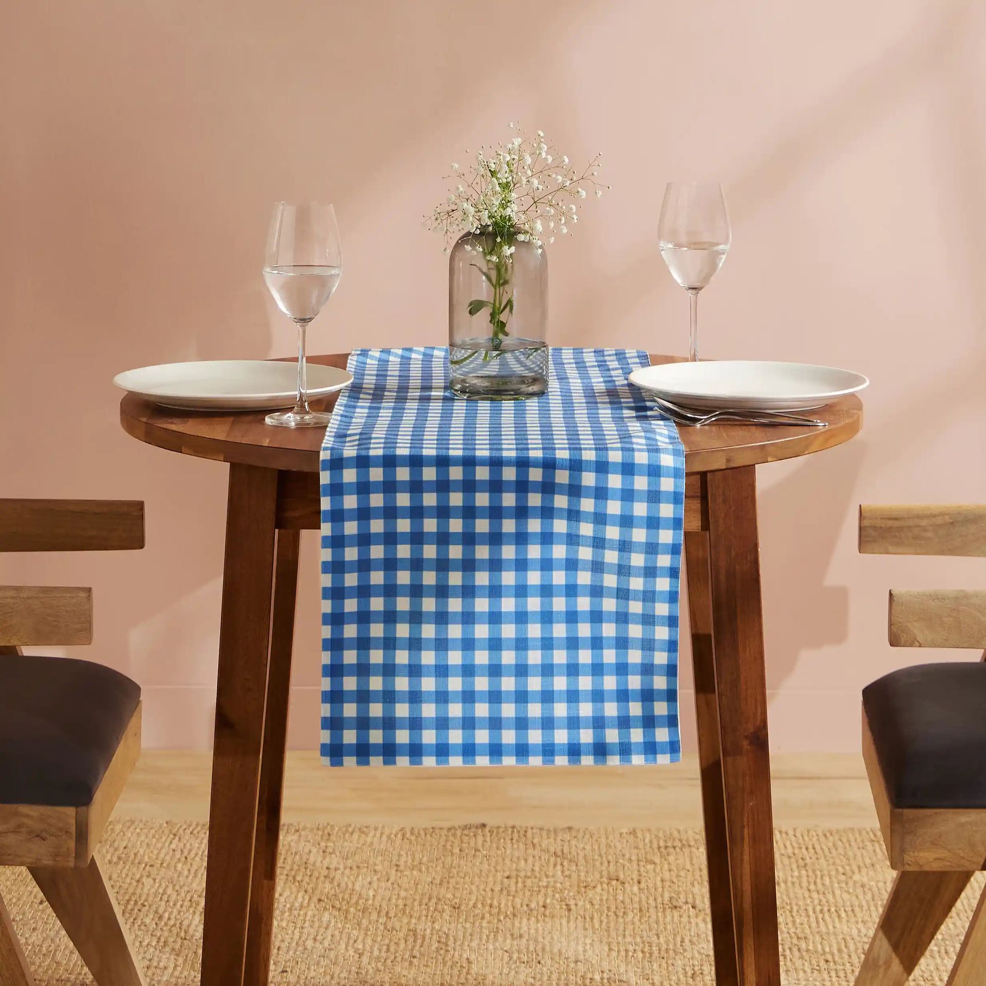 Big Gingham 319 GSM 100% Polyester Blue Table Runner | Nonna's Home