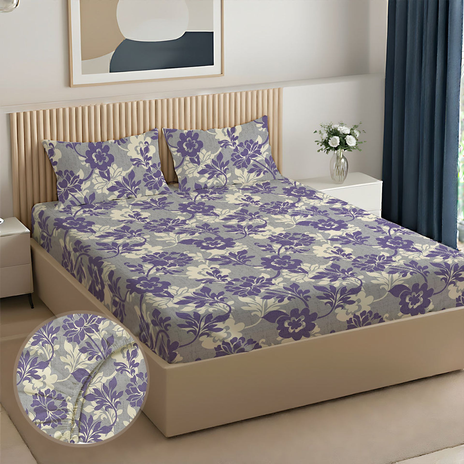 Floral 120 GSM Microfibre Blue Green Queen Fitted Sheet Set | Serene Nest