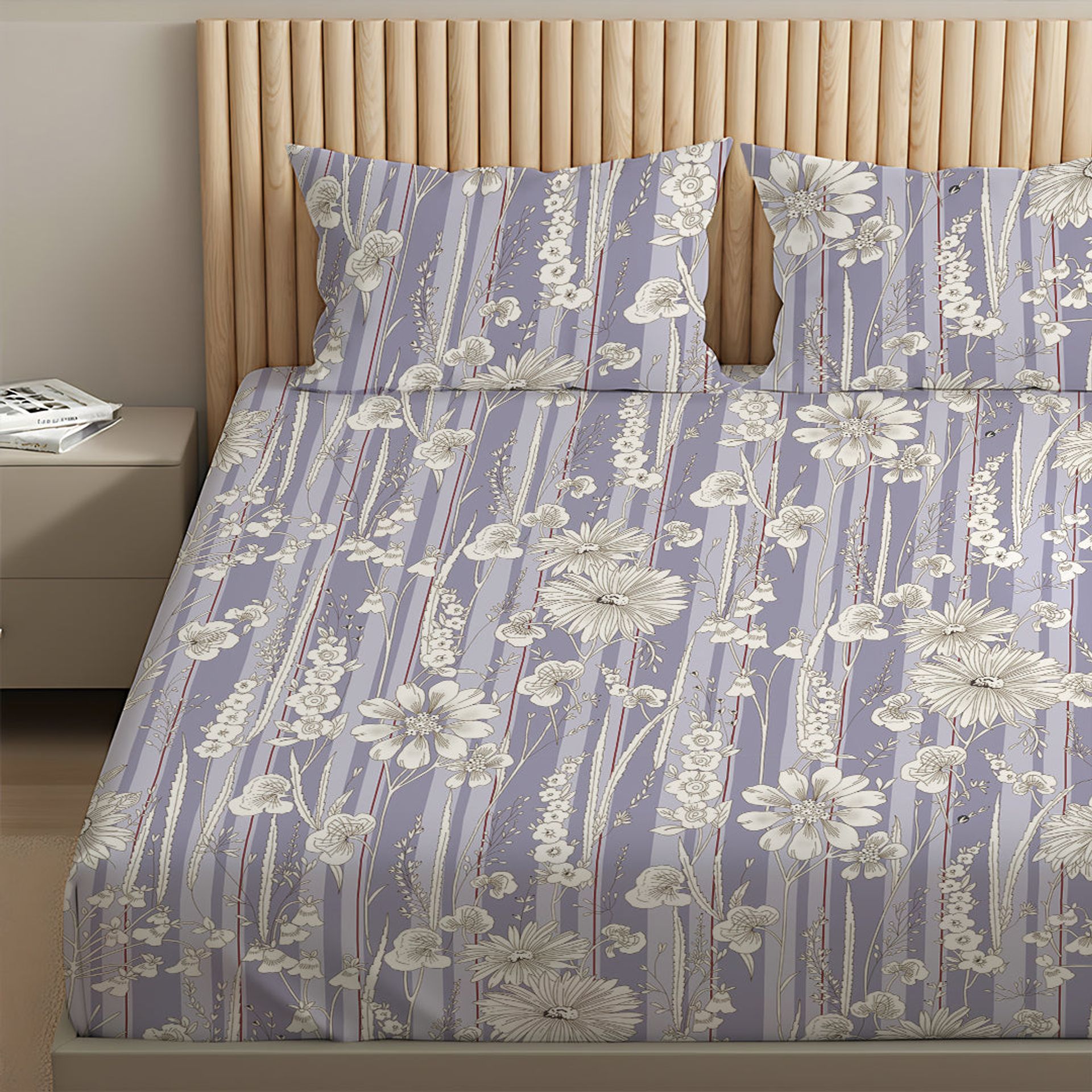 Floral 120 GSM Microfibre Blue Grey Queen Bedsheet Set | Serene Nest