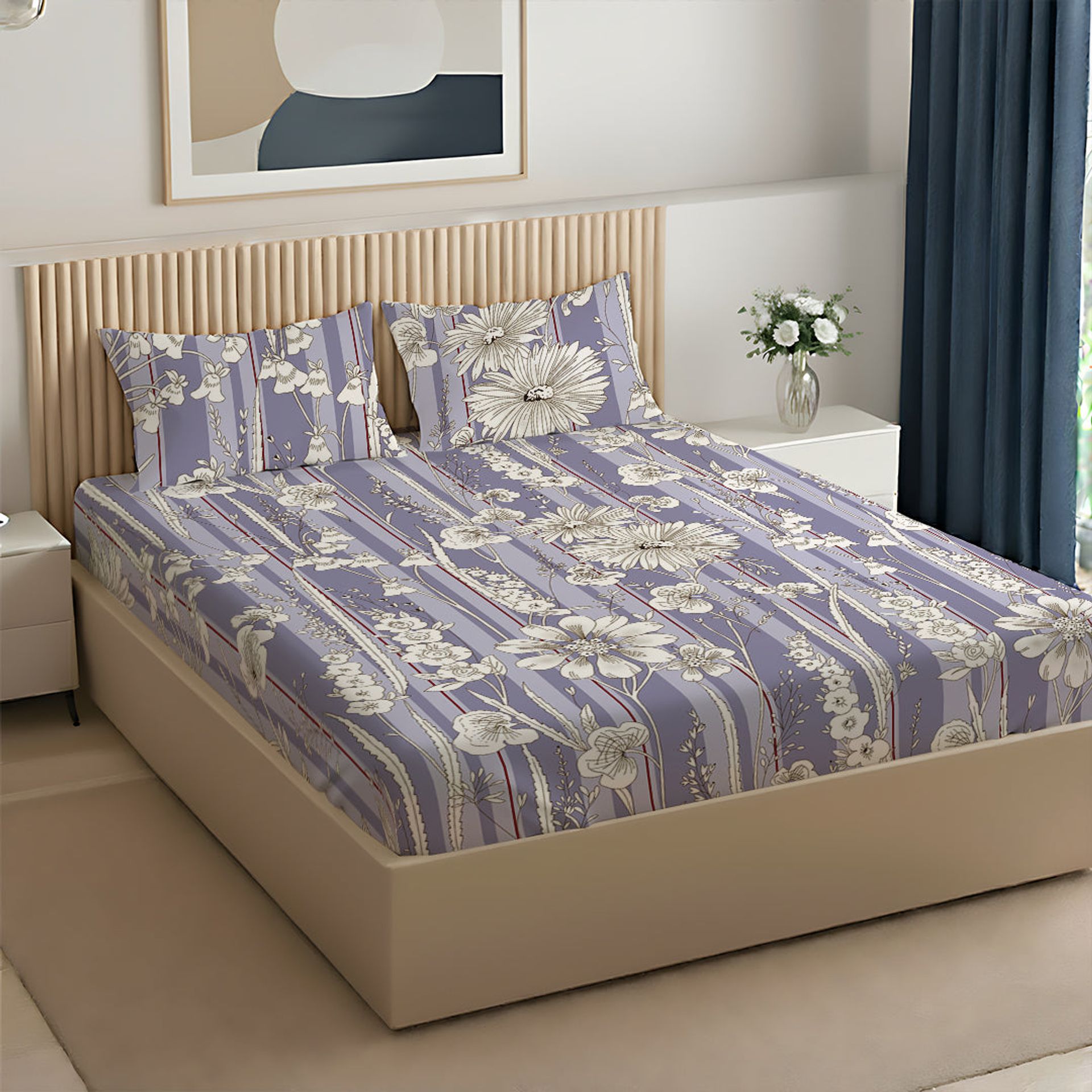 Floral 120 GSM Microfibre Blue Grey Queen Bedsheet Set | Serene Nest