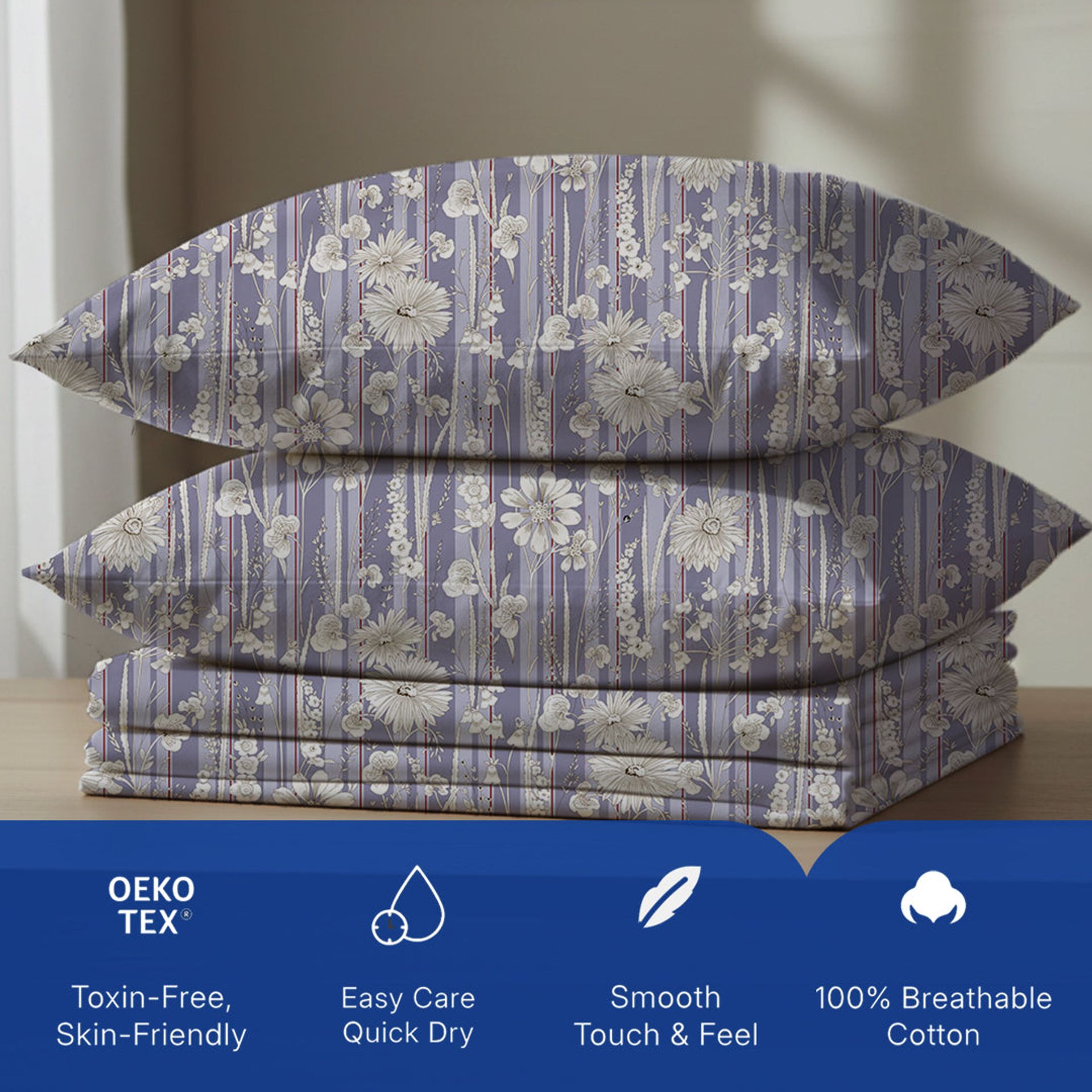 Floral 120 GSM Microfibre Blue Grey Queen Bedsheet Set | Serene Nest