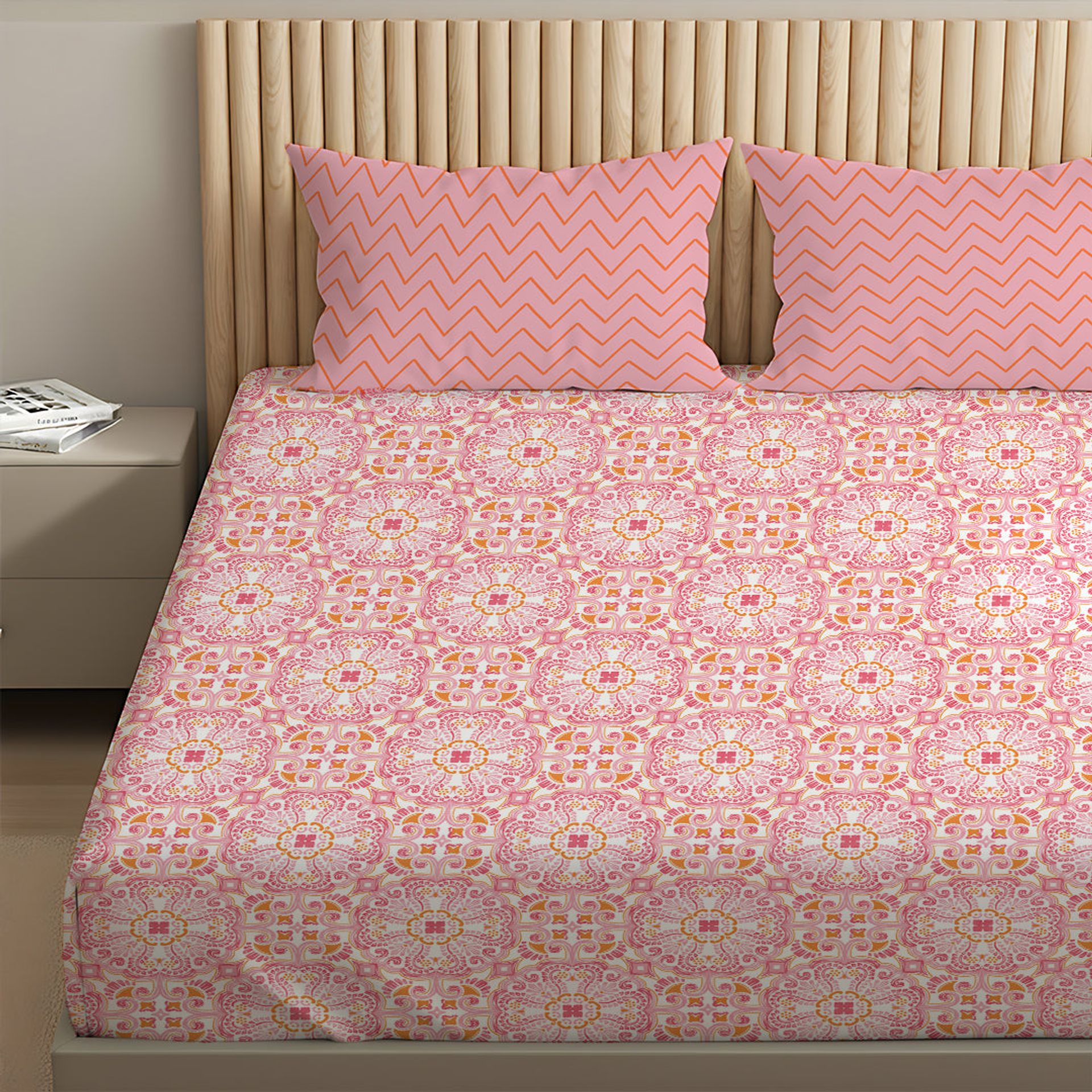 Ethnic 144 TC 100% Cotton Pink Queen Fitted Sheet Set | Pure Nest