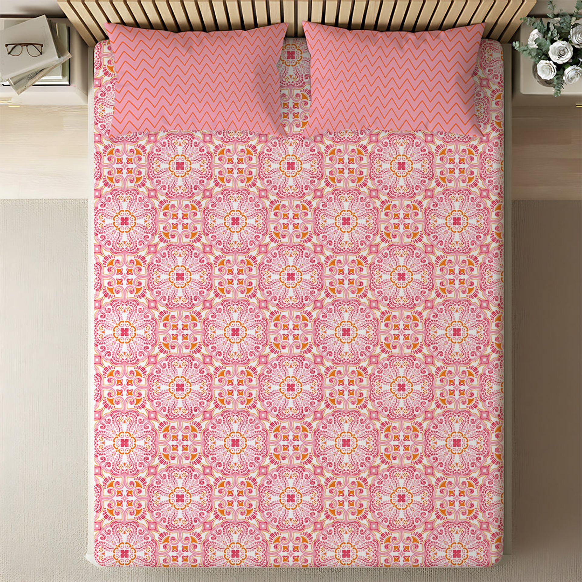 Ethnic 144 TC 100% Cotton Pink Queen Fitted Sheet Set | Pure Nest