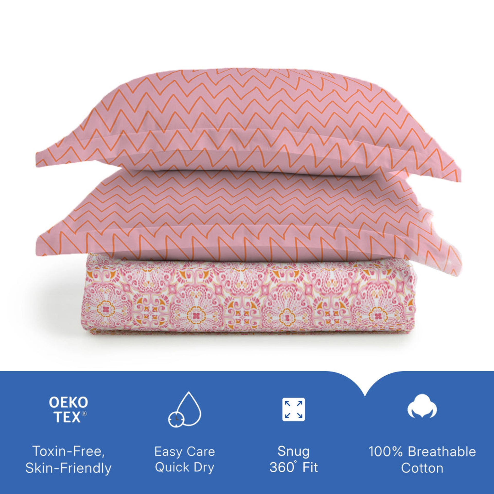 Ethnic 144 TC 100% Cotton Pink Queen Fitted Sheet Set | Pure Nest