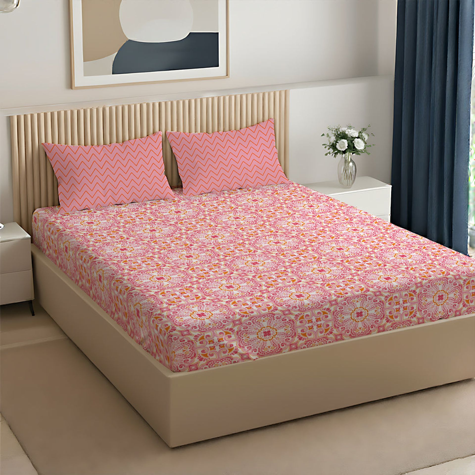 Ethnic 144 TC 100% Cotton Pink Queen Bedsheet Set | Pure Nest