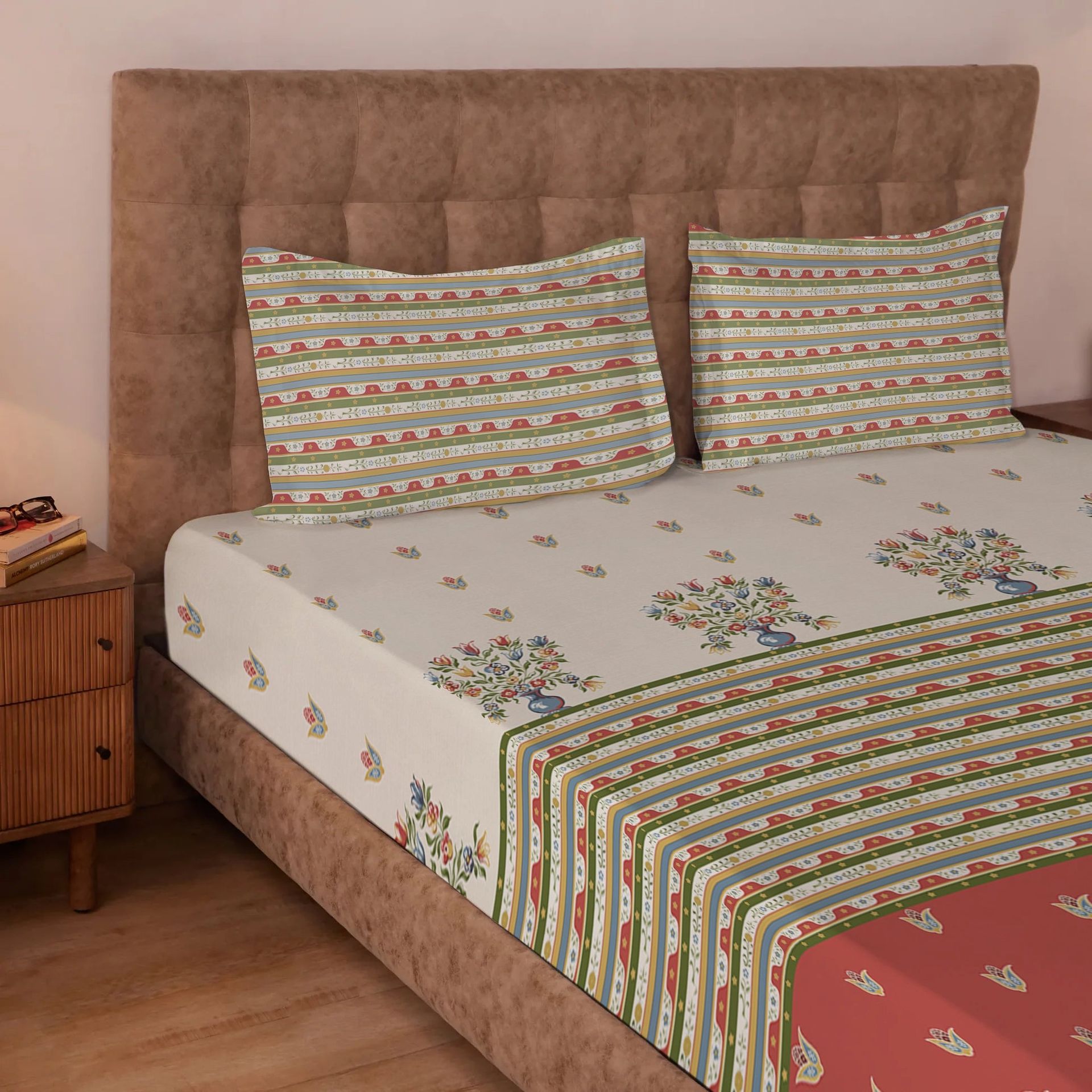 Indian Heritage 220 TC 100% Premium Cotton Brick Red Super King Bedsheet Set | Udyan Tales