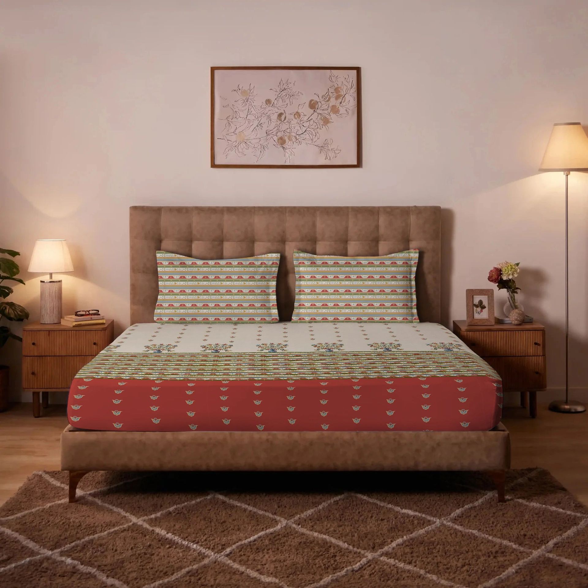 Indian Heritage 220 TC 100% Premium Cotton Brick Red Super King Bedsheet Set | Udyan Tales