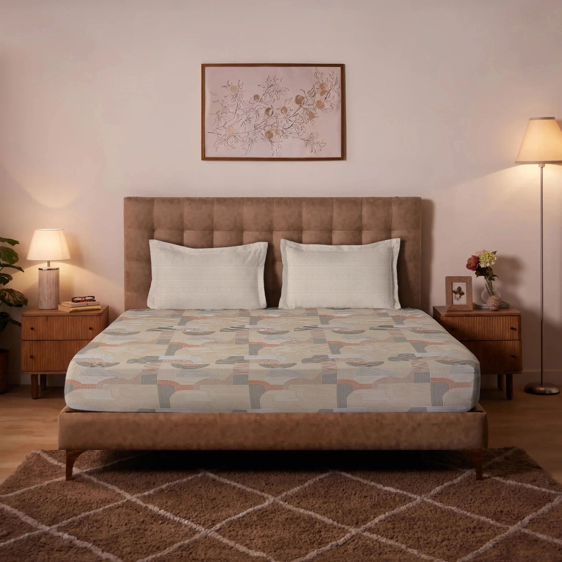 Geometric 220 TC 100% Premium Cotton Neutral Beige Super King Bedsheet Set | Udyan Tales